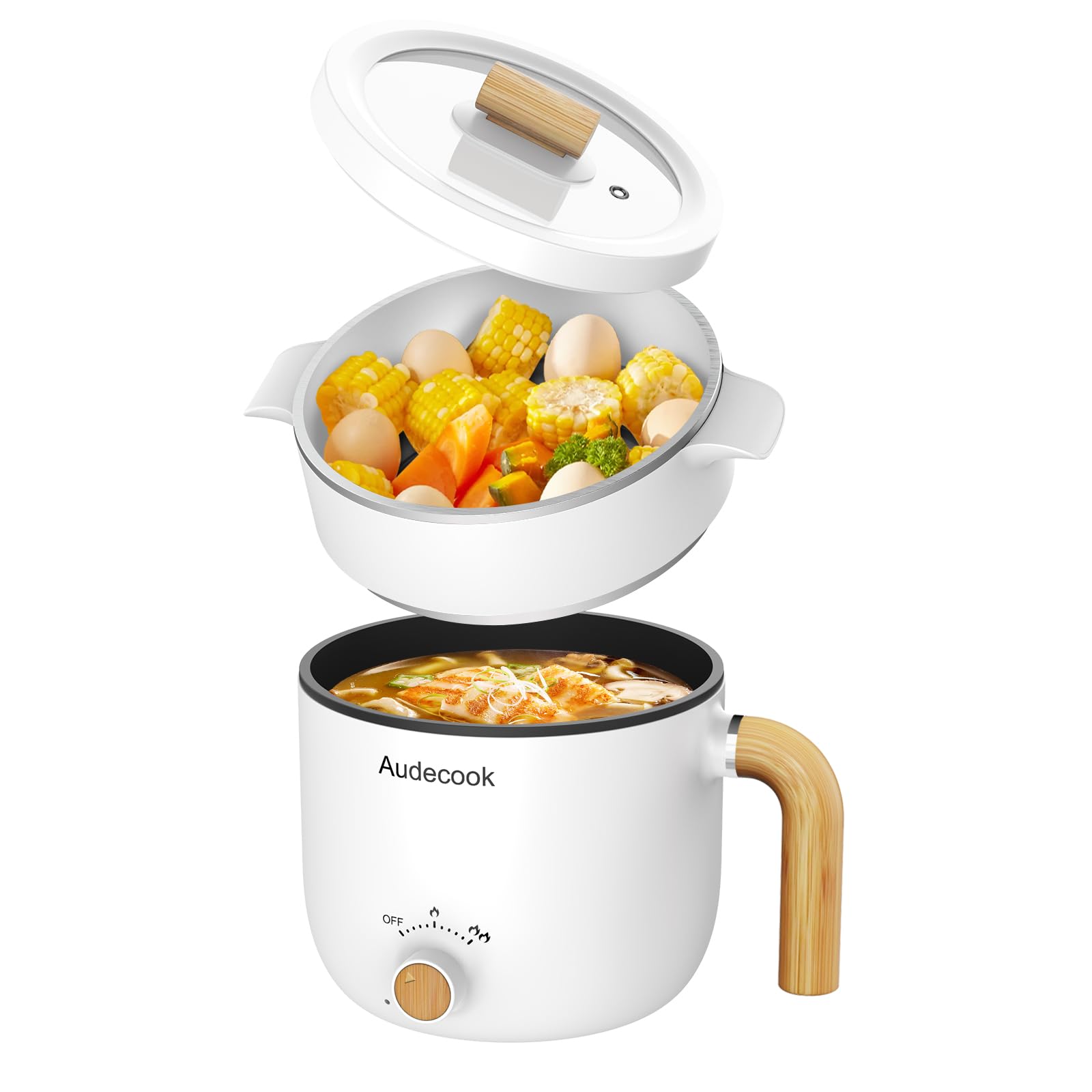 Audecook 1.5L Electric Hot Pot with Steamer - Portable Nonstick Noodle Cooker & Travel Skillet - Dual Power Control for Ramen, Pasta, Soup, Steak, Eggs - Perfect for Dorm, Office, Camping & Small Kitchen Cooking