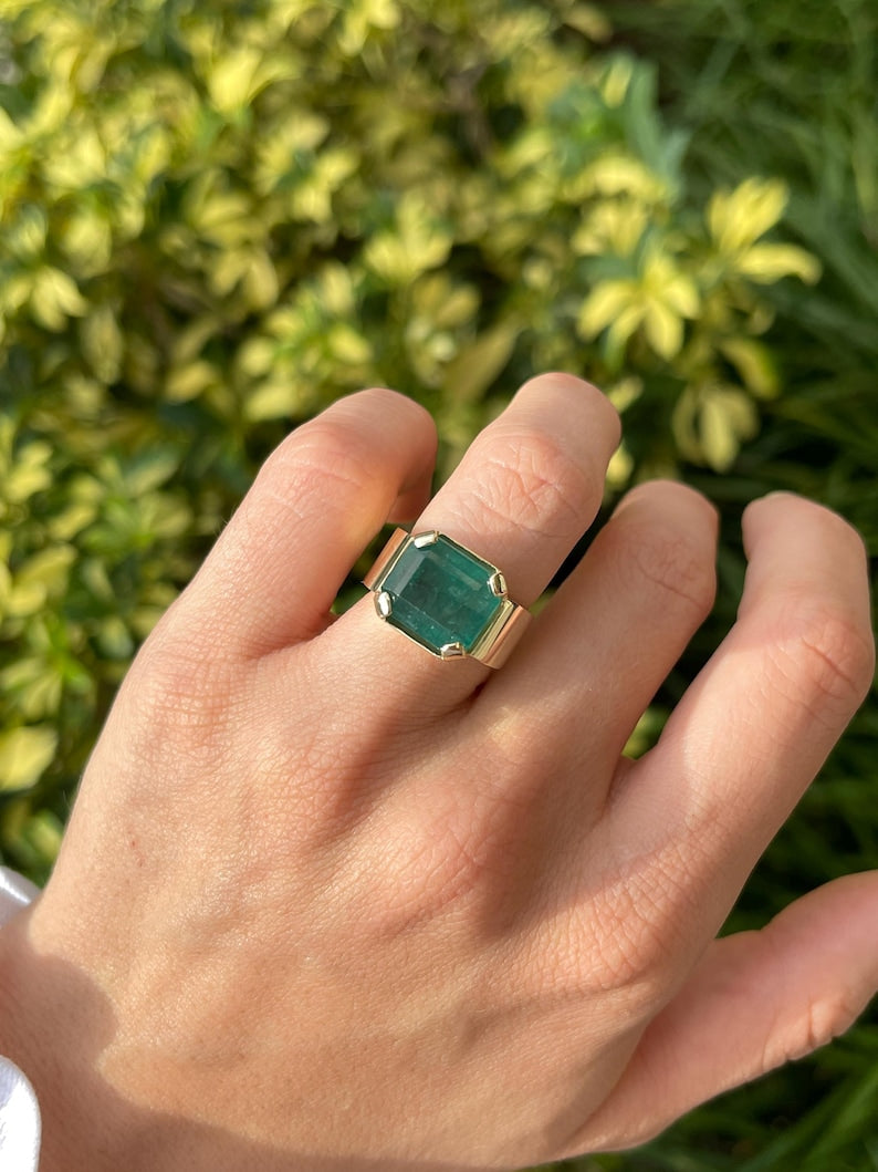 10.04ct Emerald Cut Solitaire Ring for Men - 14K Gold Wide Band Unisex Pinky Ring - Perfect for Weddings, Engagements & Special Occasions