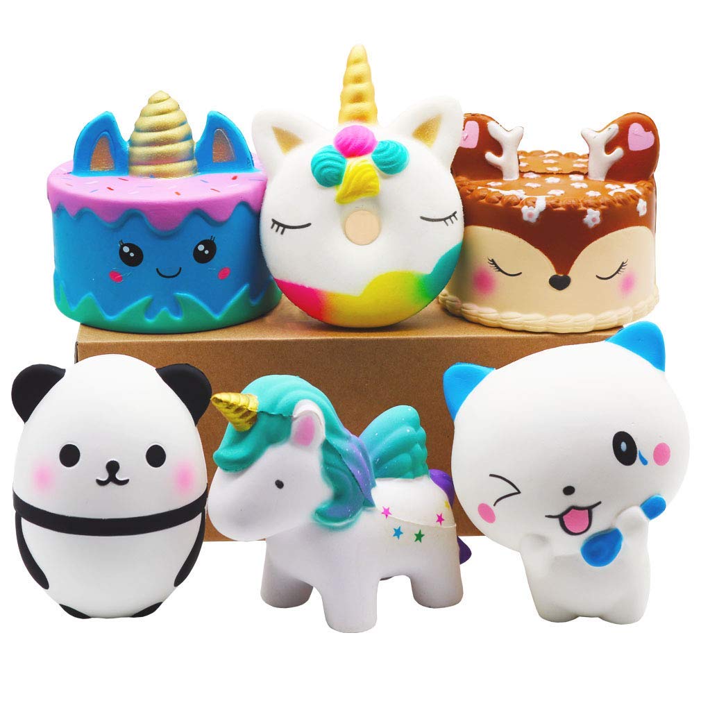 YOAUSHY 6-Piece Jumbo Squishy Toys Set - Slow Rising Stress Relief Animals (Horse, Panda, Spoon Cat) & Food (Cake, Donut) - Fun Party Favors for Kids Birthday, Classroom Rewards & Anxiety Relief Gifts