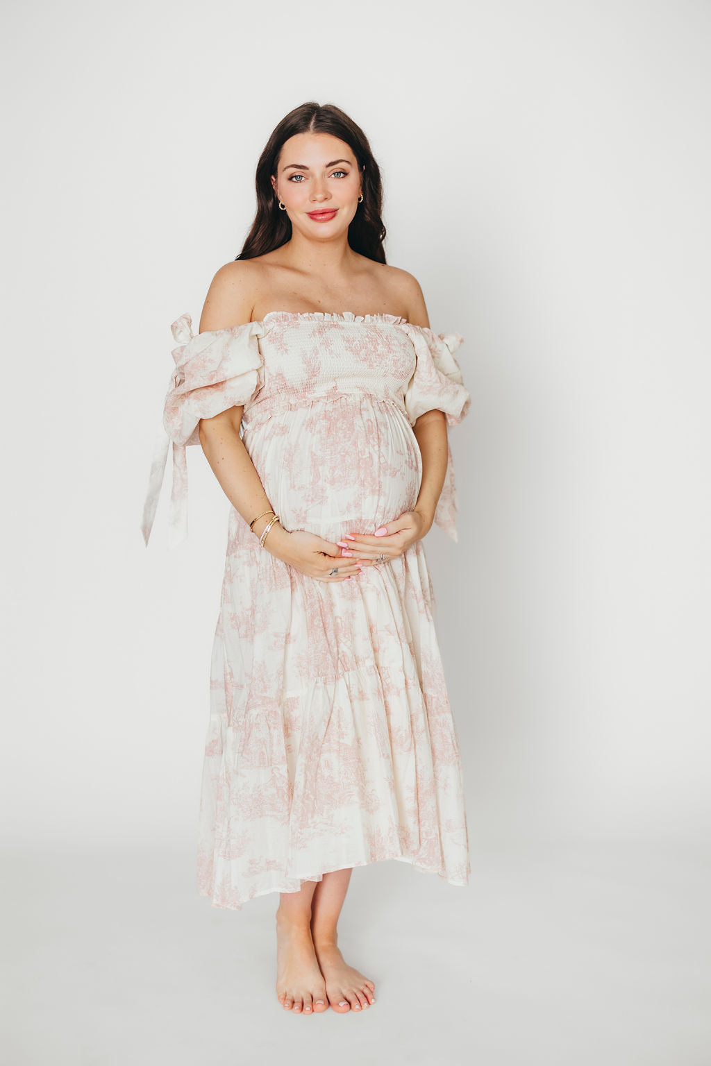 Elena 100% Cotton Toile Print Smocked Midi Dress - Bump Friendly Maternity Dress in Pink | Perfect for Baby Showers, Summer Weddings & Casual Outings *PRE ORDER*