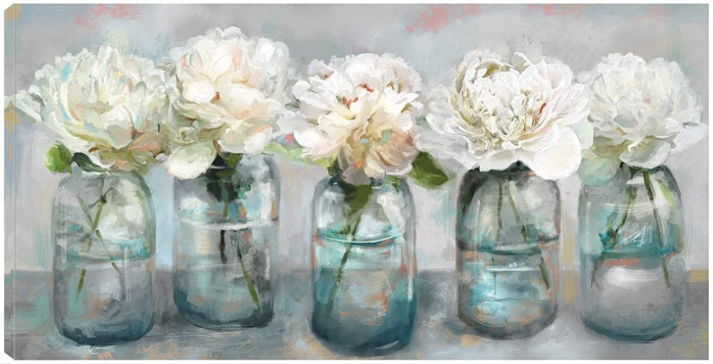 Fresh Picked Peonies Canvas Wall Art - 40x21 Inch Floral Painting for Bathroom & Living Room Decor - Modern Home & Office Wall Decorations