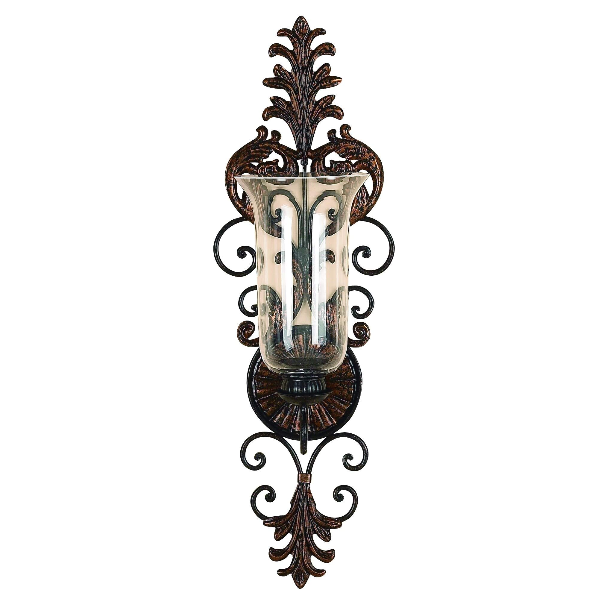 Vintage Metal and Glass Candle Sconce - Brown, Clear, Green Traditional Wall Mounted Candle Holder for Home Decor, Wedding, Church, and Dining Room Ambiance