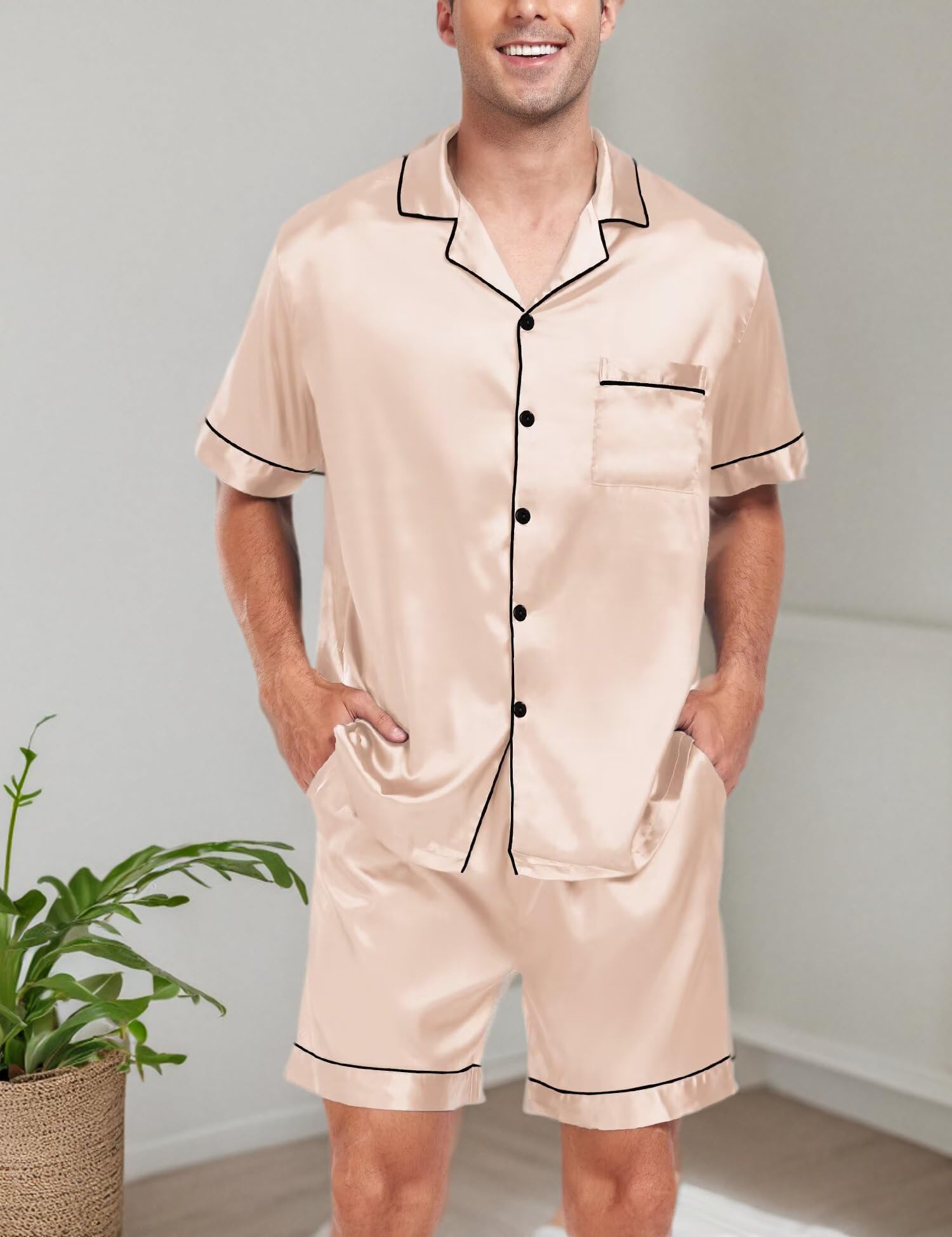 SWOMOG Couple Matching Pajamas Sets for Women & Men - Soft Silk Button Down Pjs with Short Sleeve - 2 Piece Loungewear Set for Valentine's Day, Anniversary Gifts & Cozy Nights at Home
