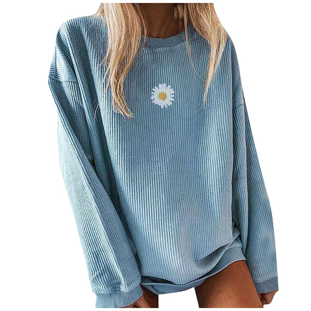 Trendy Waffle Knit Crewneck Sweatshirt for Teen Girls & Women - Loose Fit Long Sleeve Daisy Graphic Pullover Blouse | Perfect for Casual Wear, School, and Weekend Outings