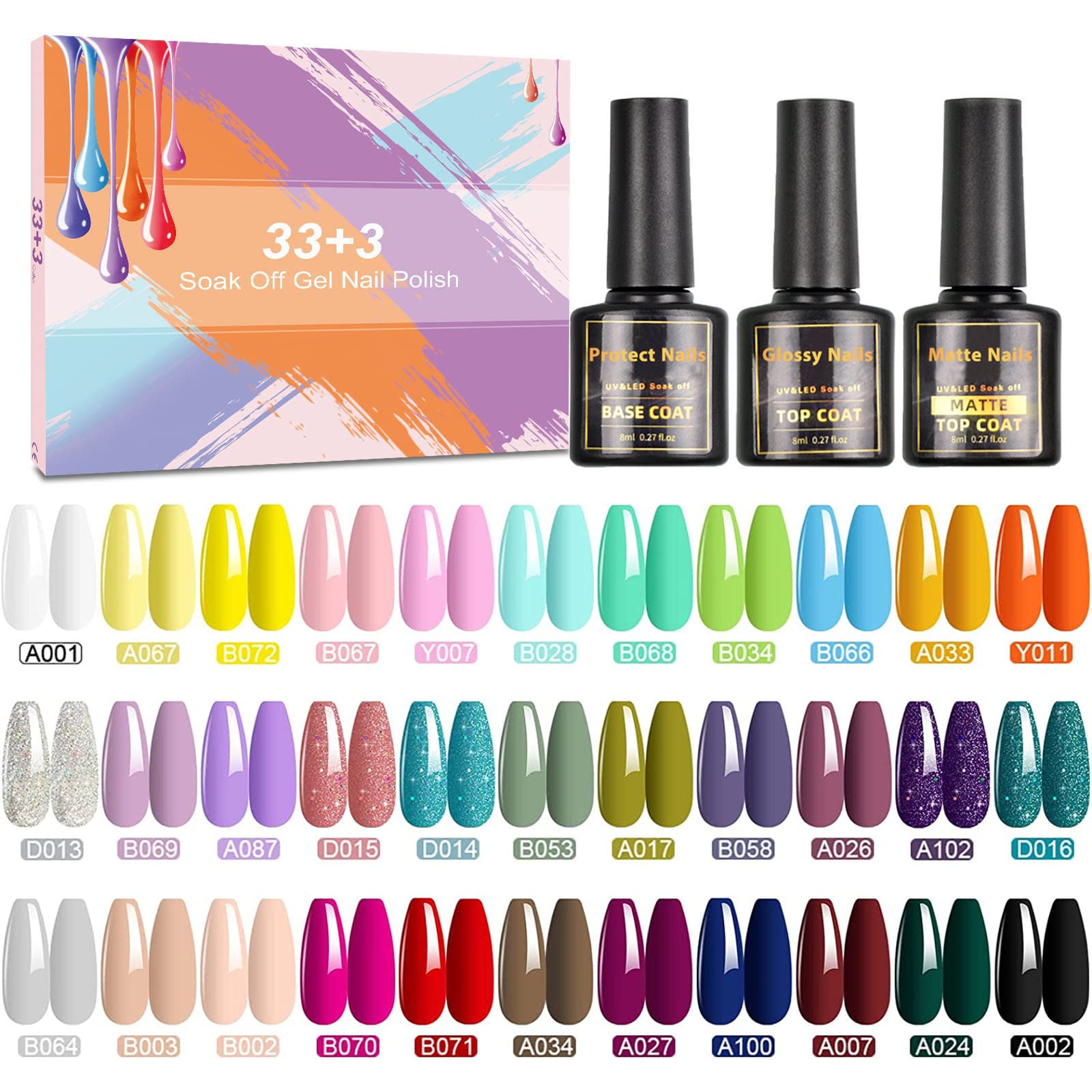 36Pcs Gel Nail Polish Set - Soak Off UV/LED Gel Kit with Glossy & Matte Top Coat, Base Coat - Long Lasting Nail Art Polish for DIY Manicure at Home, Salon, Christmas Gifts & Party Nails
