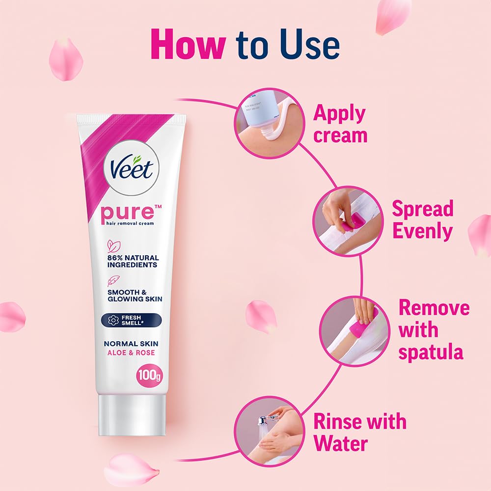Veet Pure Hair Removal Cream for Women - 100g | Gentle Formula for Normal Skin | Safe for Legs, Underarms, Bikini Line & Arms | Painless At-Home Hair Removal Solution | Perfect for Beach Prep & Smooth Summer Skin