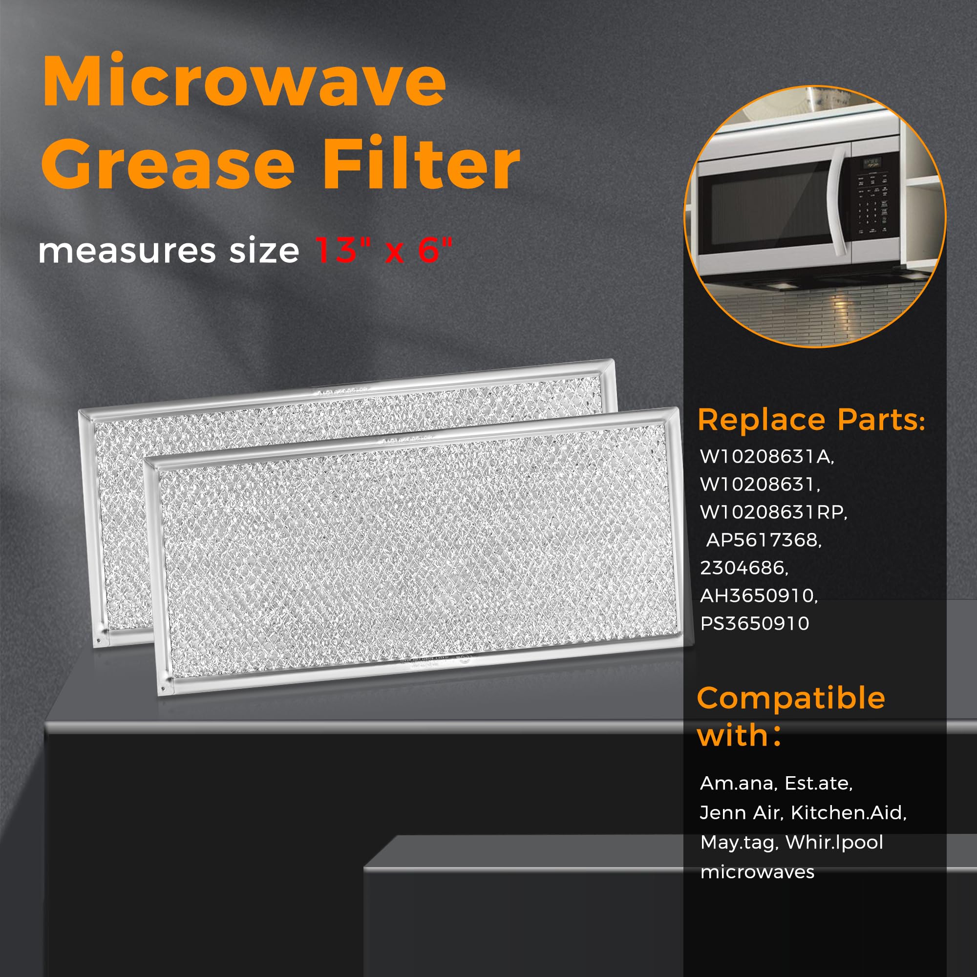 Fetechmate 13 x 6 Inch Microwave Grease Filter - Compatible with Whirlpool & GE Microwaves - Replacement for W10208631A - Durable Aluminum Mesh Screen (2-Pack) - Ideal for Kitchen Ventilation & Microwave Maintenance