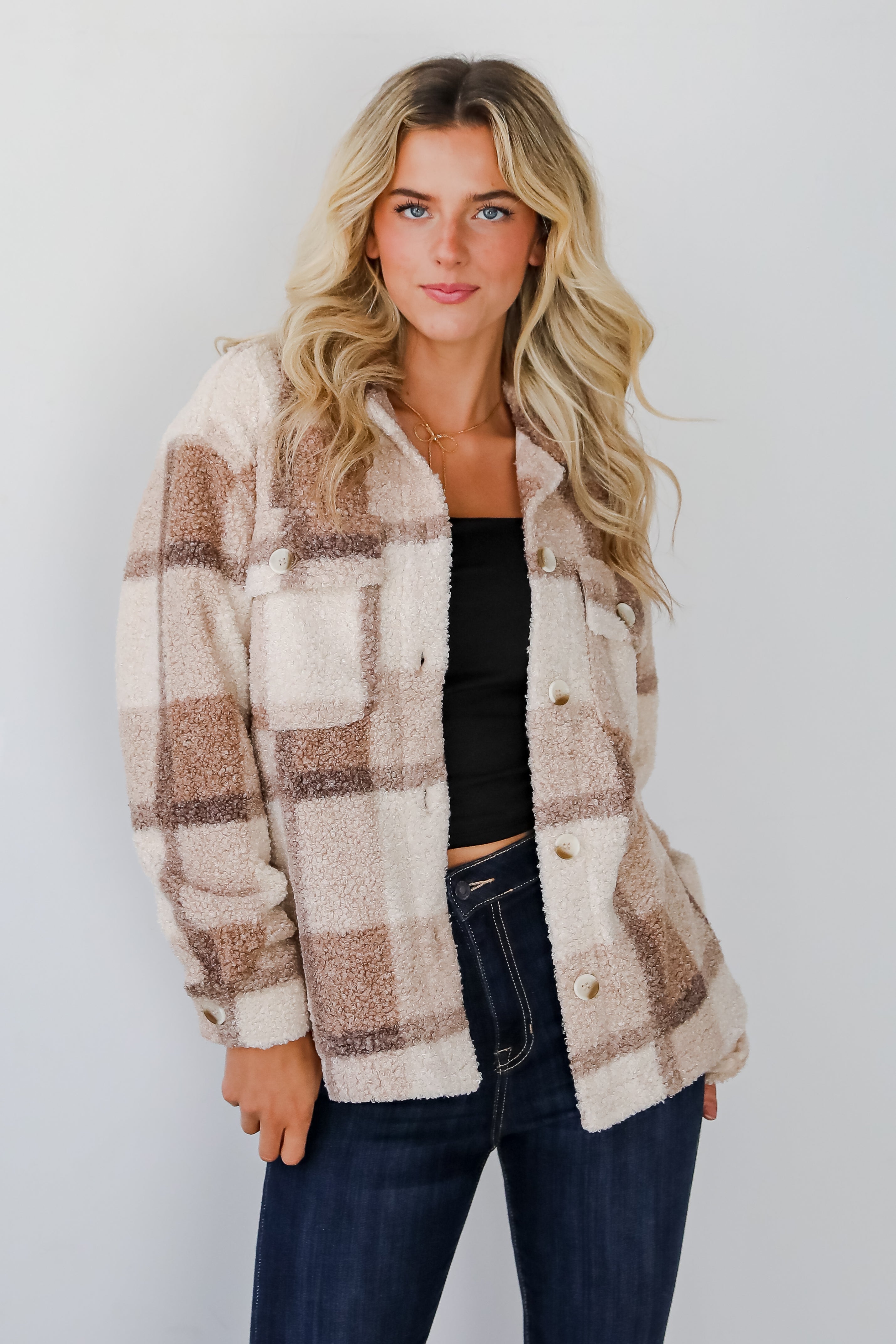 Cozy Plaid Teddy Shacket for Women - Soft Fleece Overshirt Jacket - Perfect for Fall & Winter Layering, Casual Outfits, and Outdoor Activities