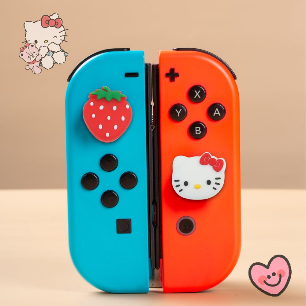 PERFECTSIGHT Switch Thumb Grips Caps - 4 PCS Cute Kitty Joystick Covers for Nintendo Switch Lite/OLED - Analog Stick Button Protectors for Joycon Controllers (Strawberry Design) | Enhance Gaming Comfort & Prevent Wear for Long Play Sessions