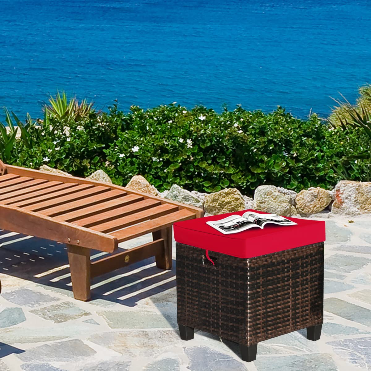 HAPPYGRILL 2-Piece Outdoor Patio Ottoman Set - Rattan Wicker Footstool with Removable Cushions, Durable Patio Furniture for Garden, Poolside, and Deck Relaxation