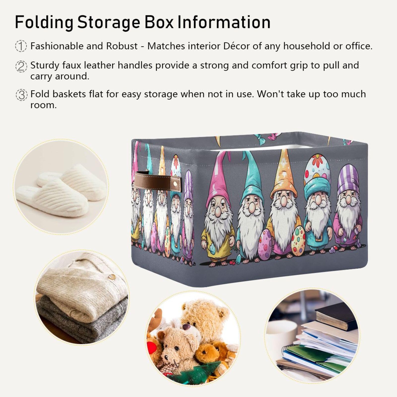 Qilmy Easter Gnome Storage Basket 2 Pack - Collapsible Canvas Rectangular Bin with Leather Handles for Closet, Office, Nursery & Home Organization | Perfect for Holiday Decor, Toy Storage & Seasonal Display