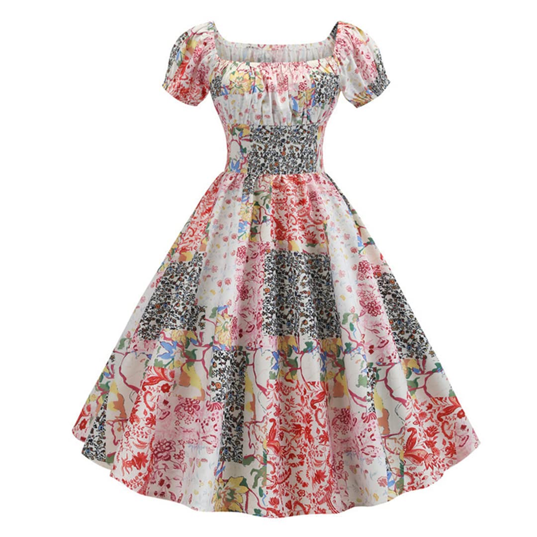 Vintage Ruched High Waist Floral Pleated Swing Dress for Women - Retro Rockabilly Style Short Dress Perfect for Parties, Date Nights & Summer Outings