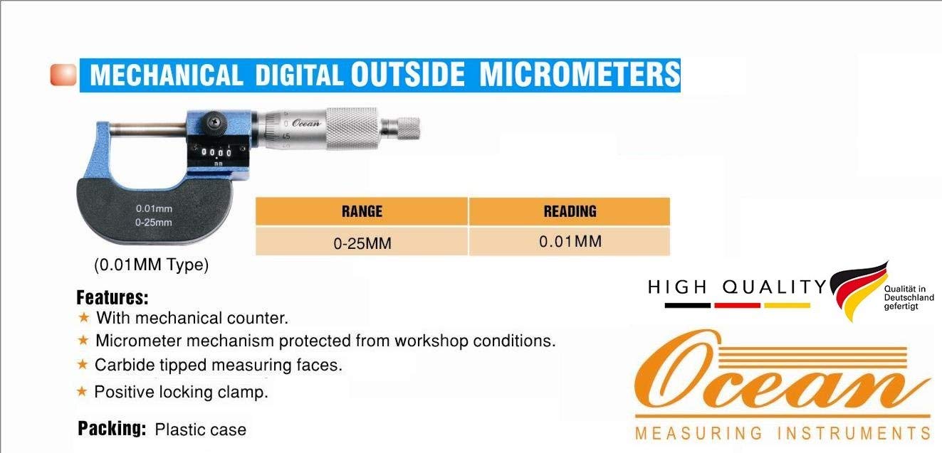 OCEAN Mechanical Digital Outside Micrometer - Precision Measuring Tool for Metalworking, Machining & Engineering (0-1 Inch Range)