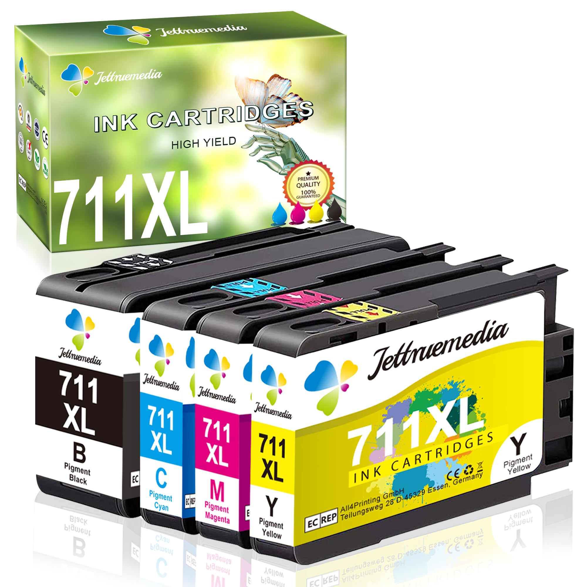 High Yield 711XL Ink Cartridges 4-Pack (BK/C/M/Y) - Compatible Replacement for HP 711XL & 711, Works with HP Designjet T120, T520 24/36-inch, T100 Printers - Ideal for Office Printing, Large Format Graphics & CAD Drawings