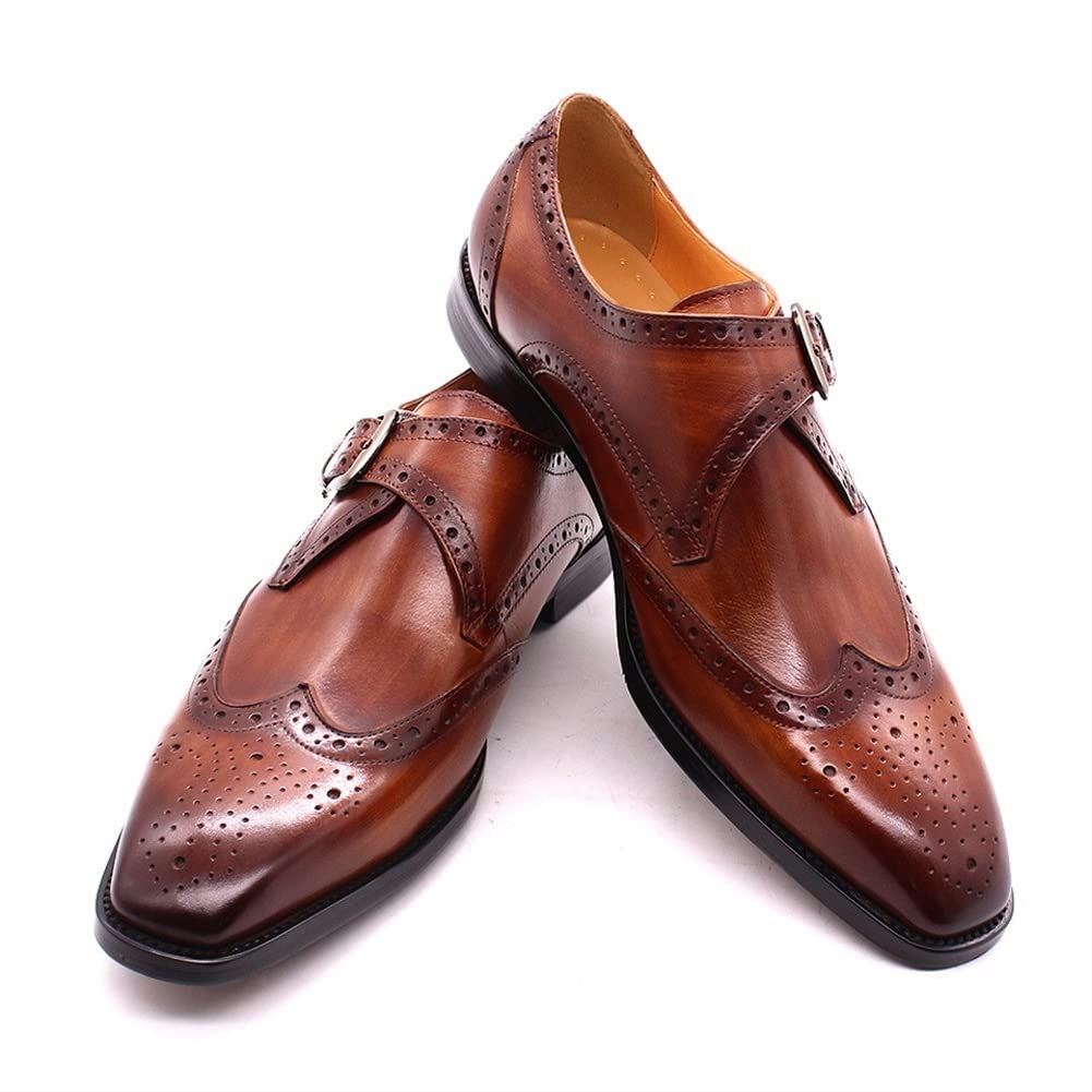 Men's Slip-On Oxford Monk Strap Dress Shoes - Brogue Wing-Tip Embossed Leather Square Toe with Non-Slip Rubber Sole for Business, Office & Formal Occasions