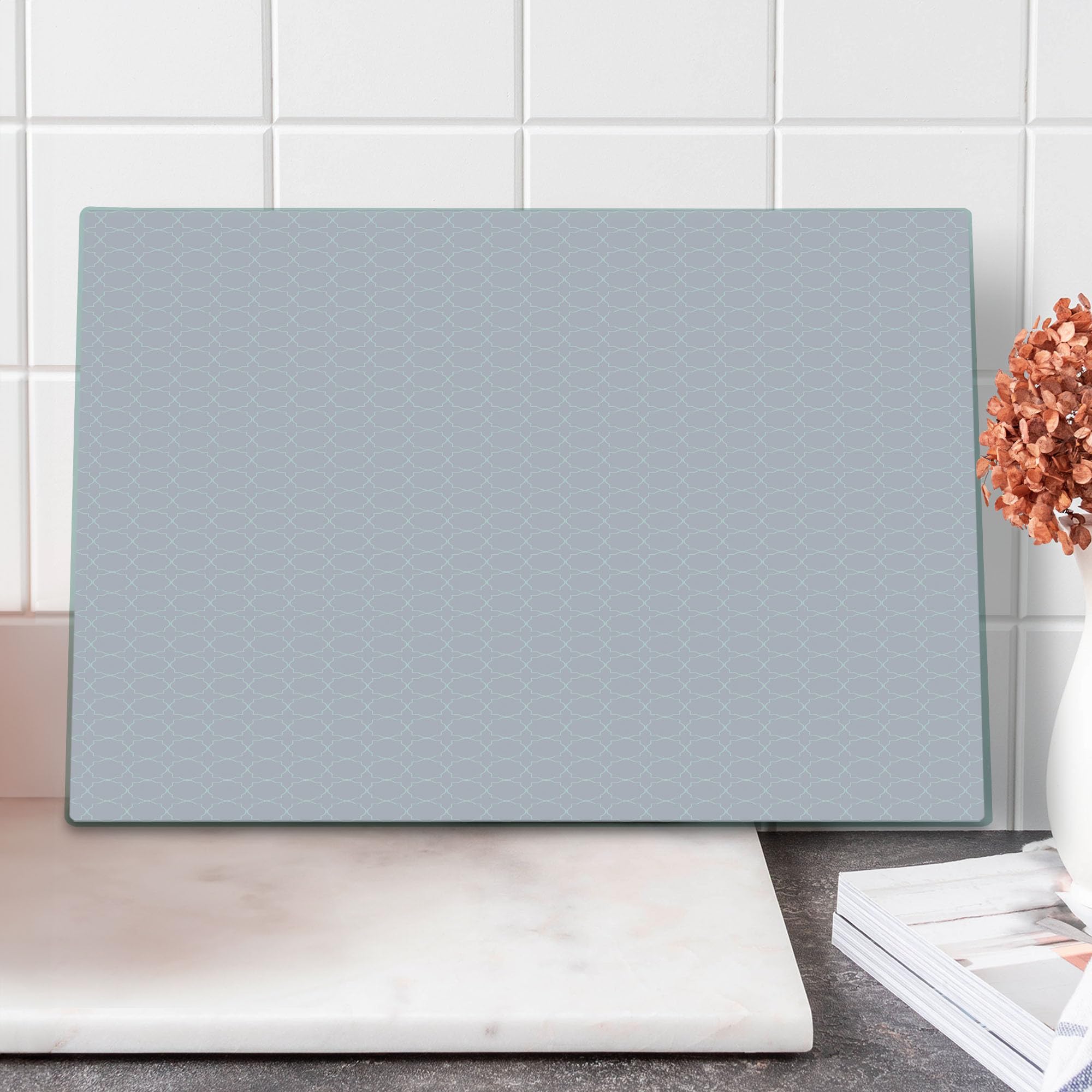 Ambesonne Eastern Style Tempered Glass Cutting Board - Large Decorative Serving Board with Oriental Thin Line Motif on Pastel Pink White Backdrop - Perfect for Kitchen Prep, Charcuterie Display & Party Serving