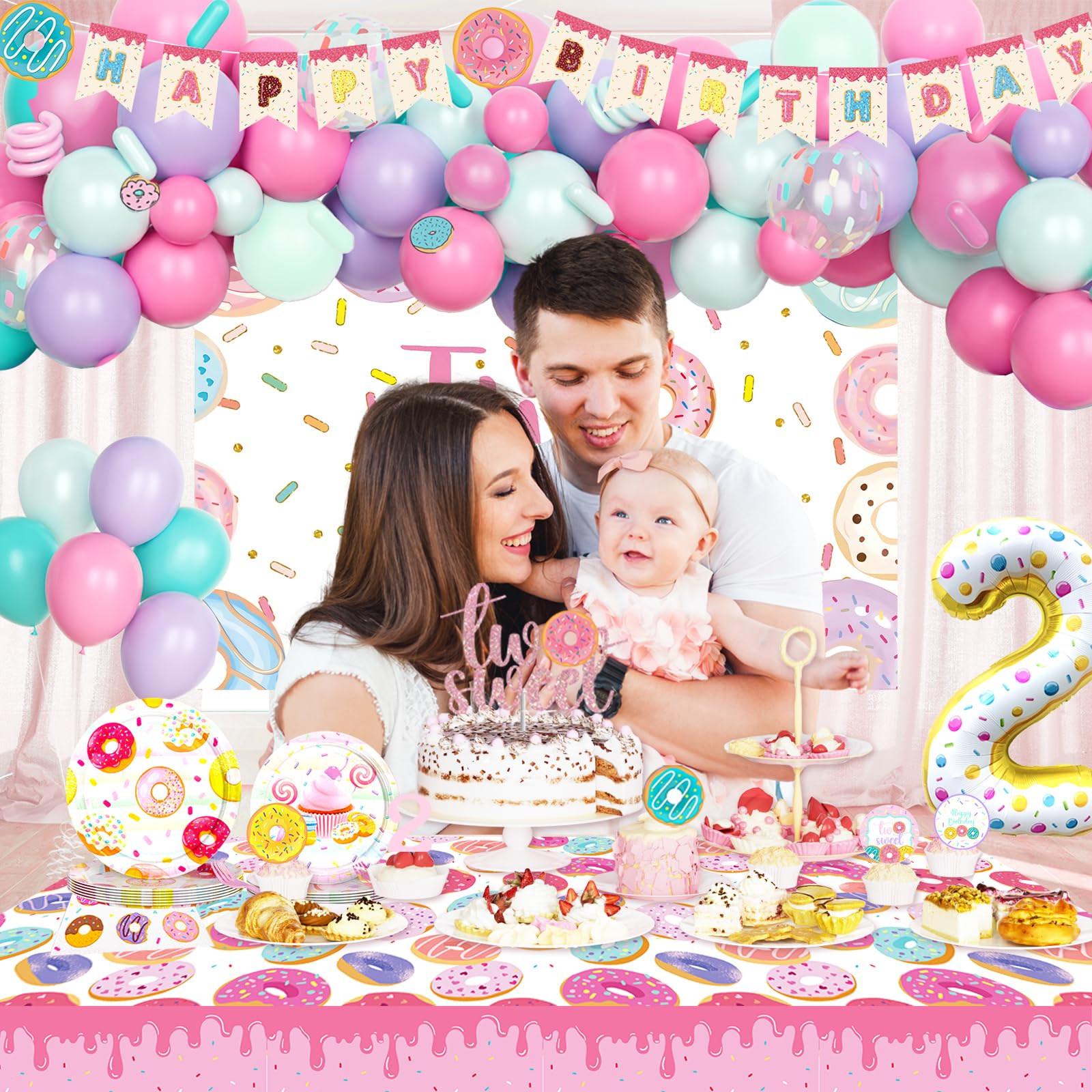 Donut Themed 2nd Birthday Party Decorations Set - Pastel Backdrop, Balloon Banner, Tablecloth, Plates, Napkins, Cups, Straws & Cutlery for Girls - Perfect for Sweet & Cute Birthday Celebrations
