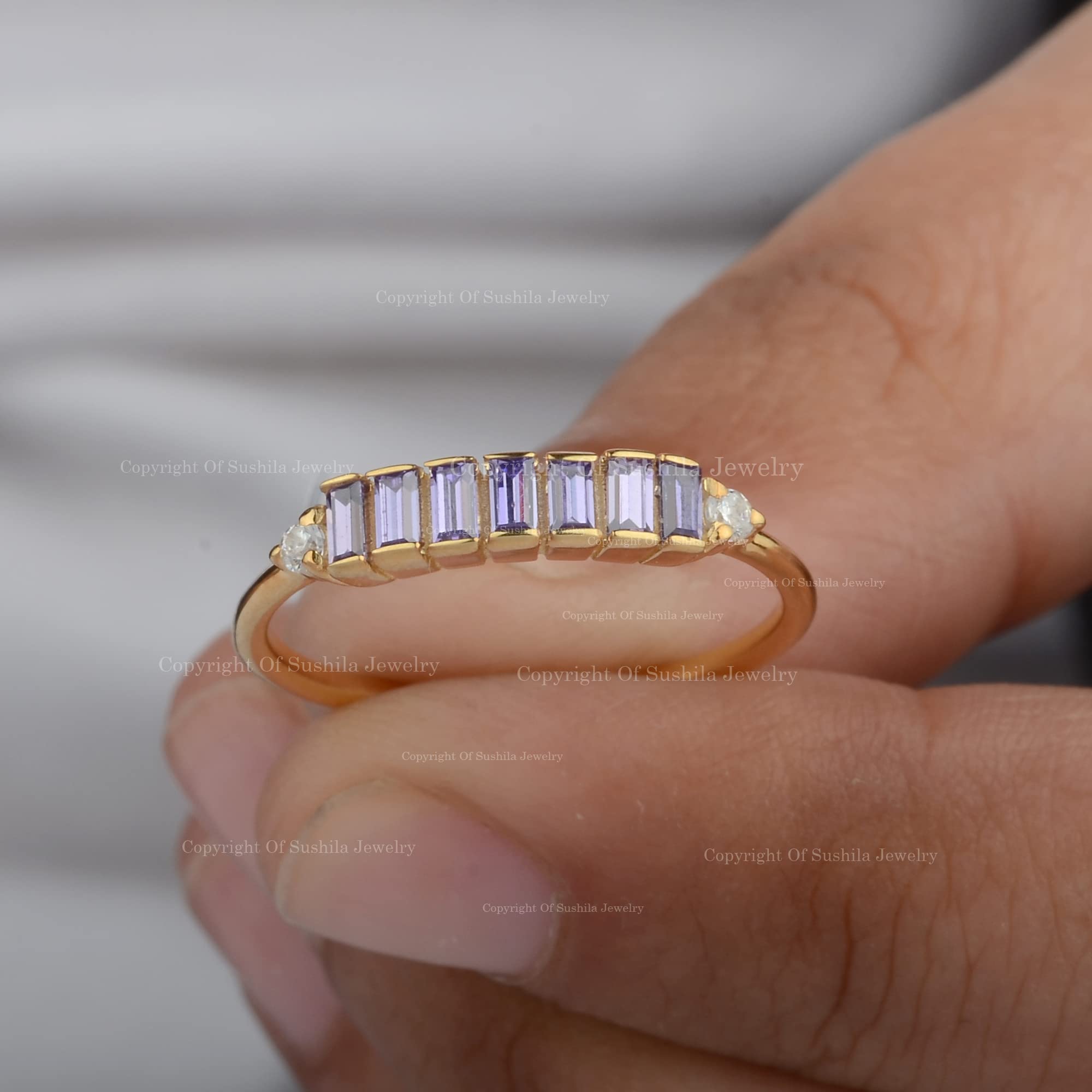14K Gold Half Eternity Band Ring with Genuine Baguette Amethyst - February Birthstone Diamond Wedding Ring for Women | Elegant Gift for Anniversary, Valentine's Day & Special Occasions