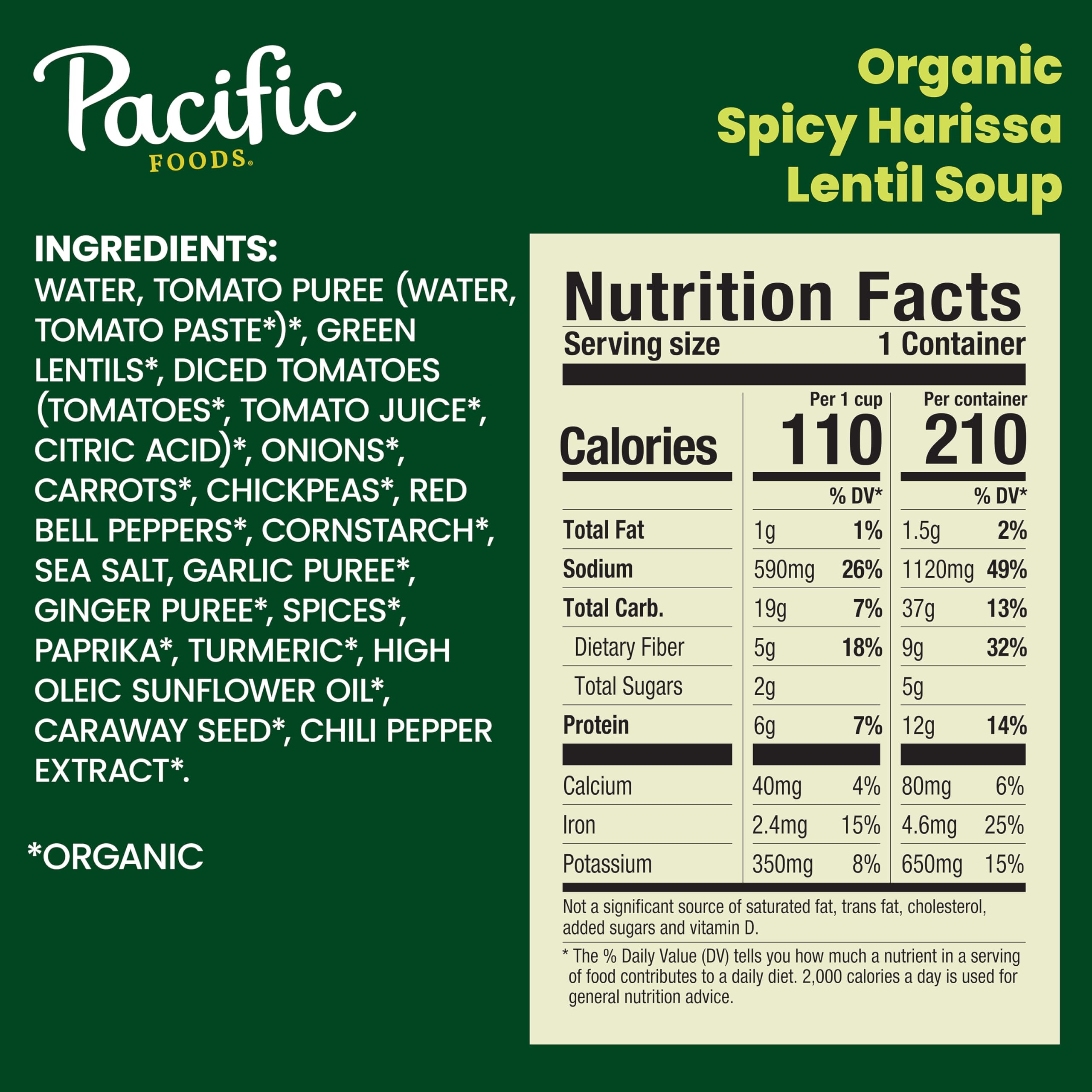 Organic Spicy Harissa Lentil Soup by Pacific Foods - Plant Based, Vegan, Gluten Free, 16.3 oz Can - Healthy Ready-to-Eat Meal for Lunch, Camping & Emergency Food Supply