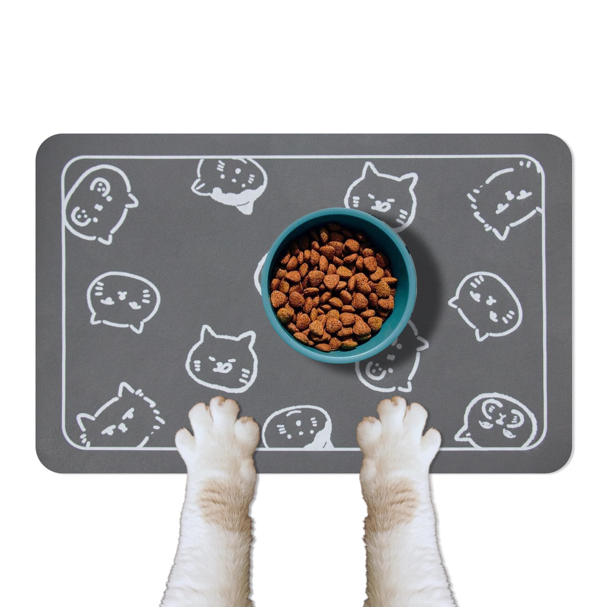 Non-Slip Super Absorbent Cat Food Mat - 18.1 x 11.8 Inch Pet Feeding Mat for Cats & Dogs with Waterproof Design & Cute Cat Head Logo - Perfect for Messy Eaters, Food Bowls & Water Dishes (Dark Grey)