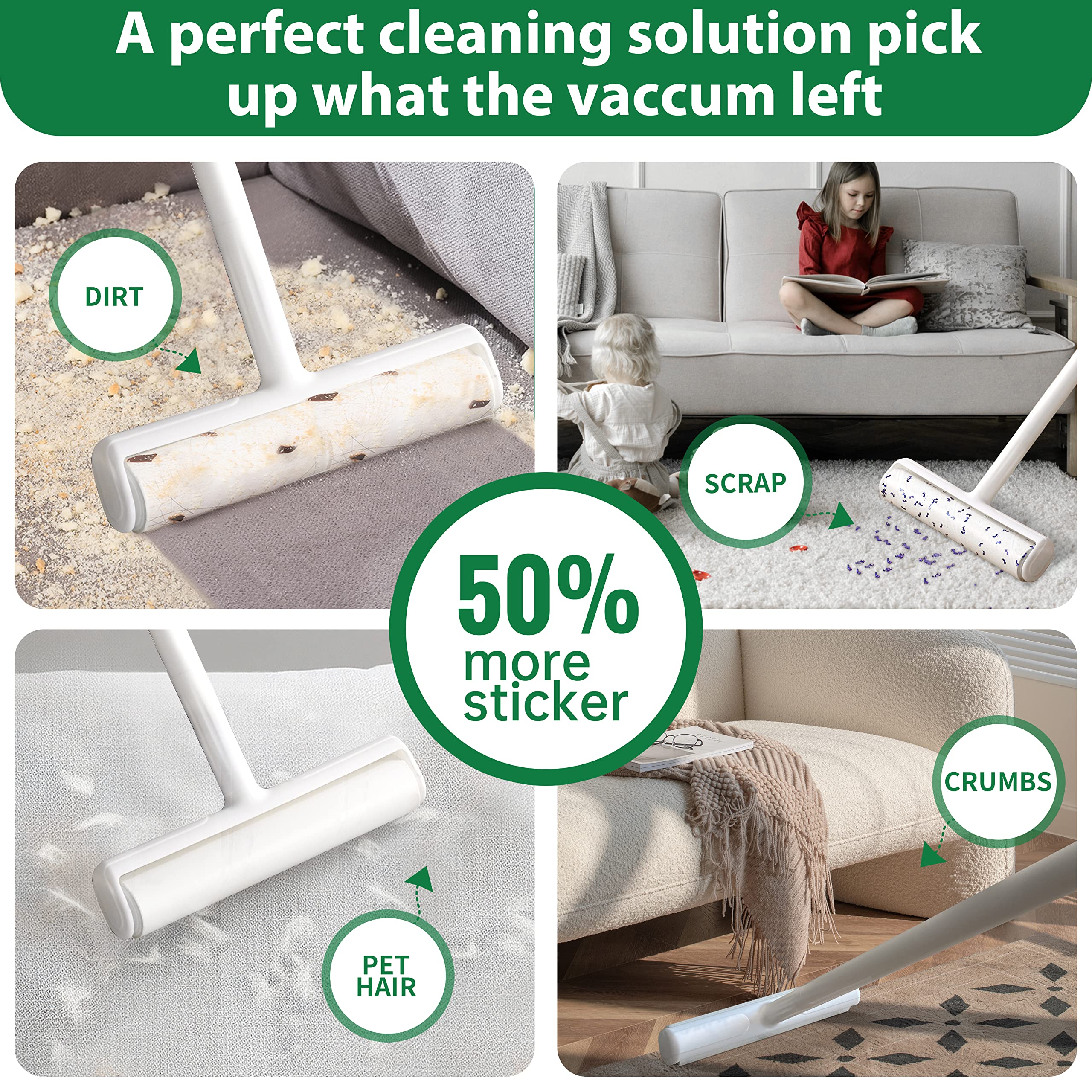 9.5'' Large Lint Roller for Pet Hair Removal - 6 Extendable Handle with Dust-Proof Cover & 5 Refills (300 Sheets) | Heavy Duty Sticky Mop for Carpets, Floors, Furniture | Perfect for Pet Owners, Home & Car Cleaning