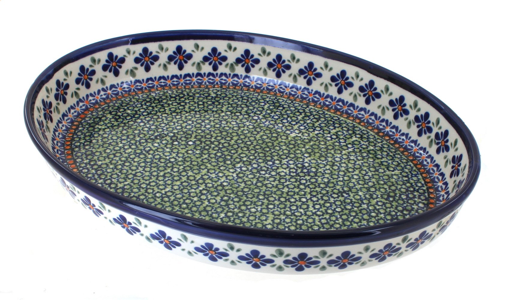 Blue Rose Polish Pottery Mosaic Flower Large Oval Baker - Handmade Ceramic Baking Dish for Casseroles, Pies & Bread | Perfect for Home Baking & Gift Giving