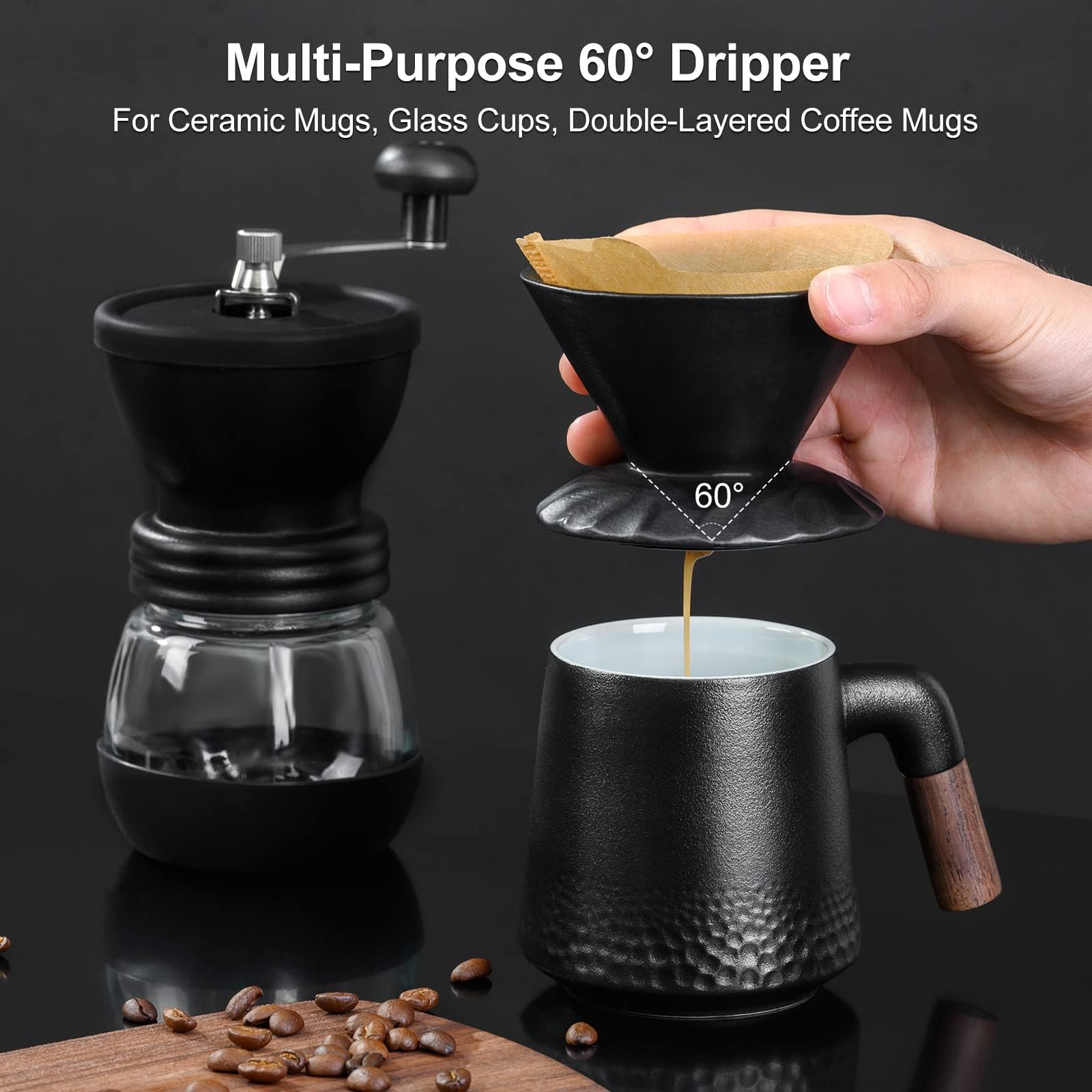 PARACITY Ceramic Pour Over Coffee Maker Set - 60° Angled V-Shaped Dripper with 40 Reusable Filters, Coffee Mug & Brewer for Single Cup | Perfect for Home, Office & Camping Coffee Brewing