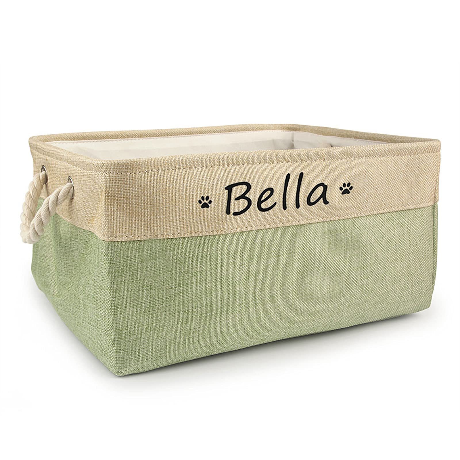 Custom Personalized Dog Toy Basket with Name - Paw Print Pet Food Storage Container & Toy Box for Small Dogs & Puppies - Green, Medium 36x27x17cm - Perfect for Organizing Pet Toys, Treats & Supplies in Living Room or Bedroom