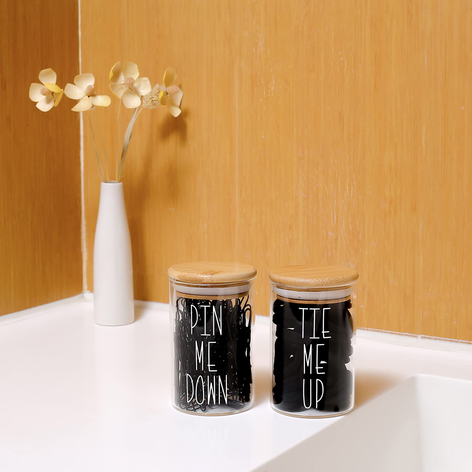 MOMEEMO Apothecary Jars with Lids - Bathroom Storage Organizer for Hair Ties, Bobby Pins & Small Accessories | Bamboo Bathroom Decor | Perfect for Vanity, Countertop & Shower Organization