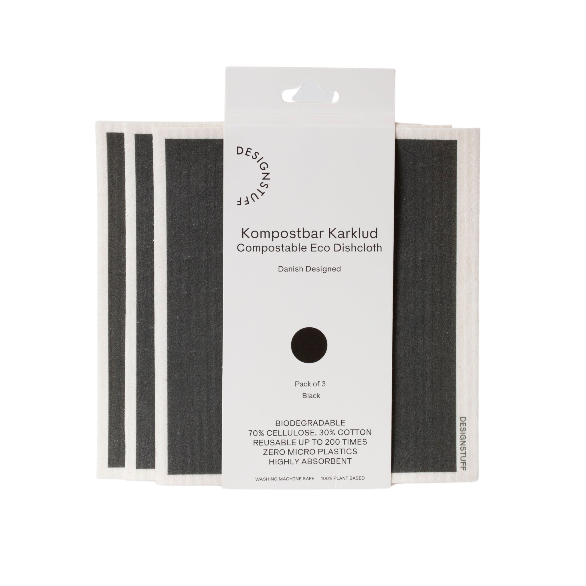 DESIGNSTUFF Biodegradable Eco-Friendly Dish Cloths - 3 Pack, Black | Reusable & Compostable Kitchen Towels for Cleaning, Wiping & Sustainable Living