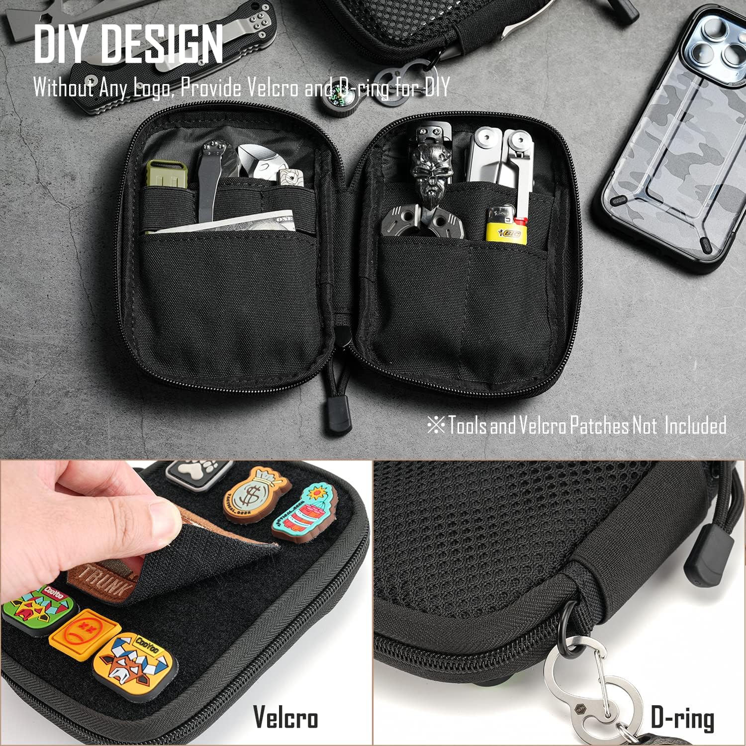 Mighty Pouch - Premium Nylon EDC Pocket Organizer with Patches & D-Ring | Multitool Storage for Everyday Carry Essentials | Perfect for Camping, Hiking & Outdoor Adventures