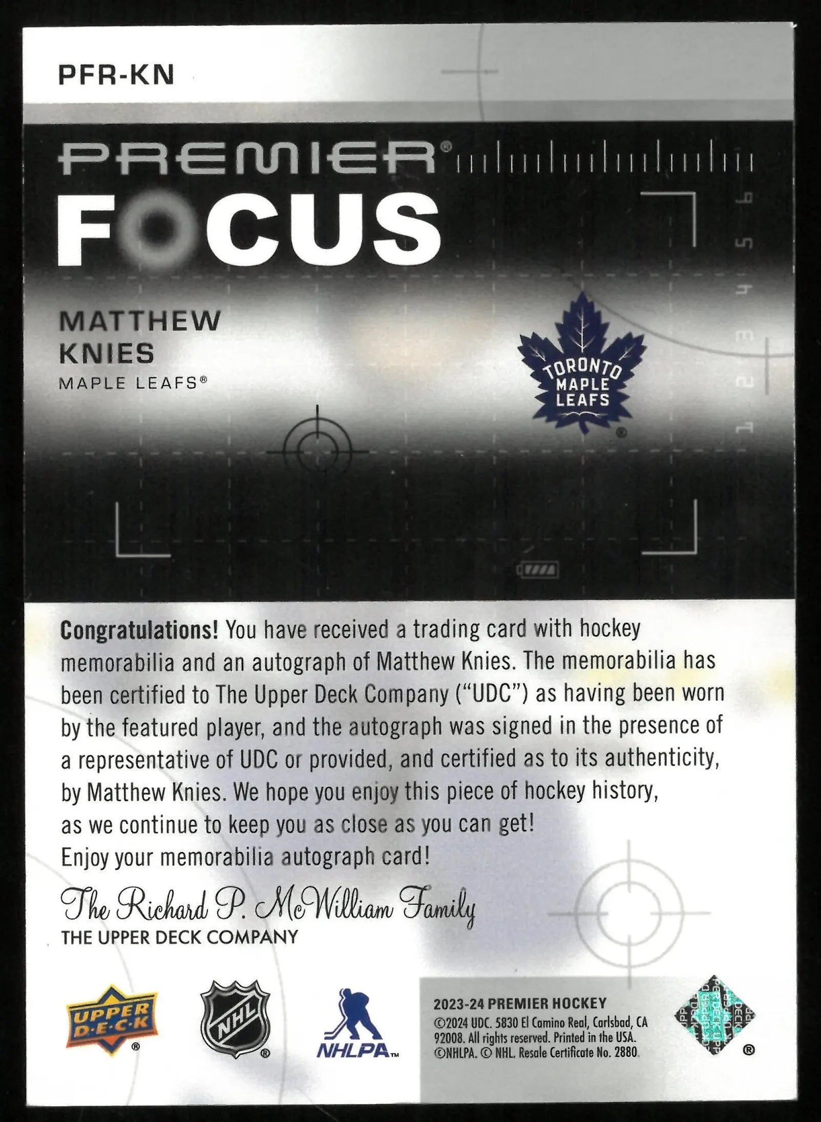 2023-24 Upper Deck Premier Focus Matthew Knies Rookie Patch Autograph Card /99 - NHL Hockey Collectible for Fans & Investors