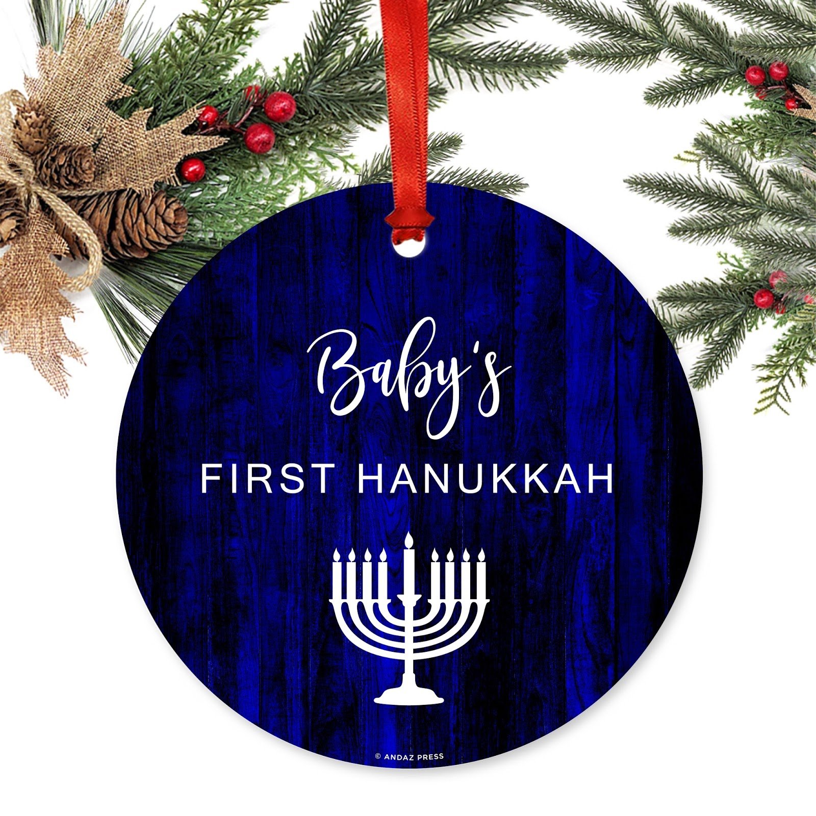 Funny Jewish Family Hanukkah Metal Ornaments - Baby's First Hanukkah Gift Set (1-Pack with Ribbon & Gift Bag) - Perfect for Baby Showers, Bar Mitzvahs & Jewish Holiday Decorations - Great for Christmas Tree, Home Decor & Holiday Gifting