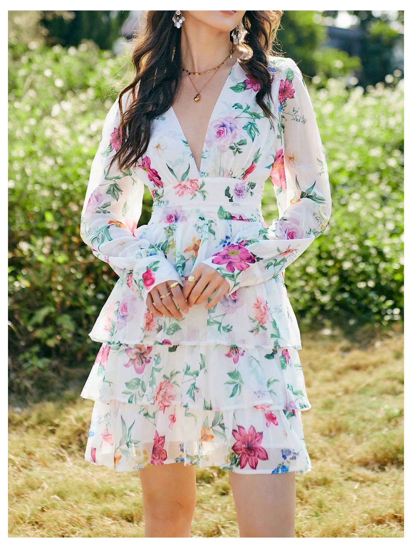 Women's Floral Print V-Neck Summer Dress - Tiered A-Line Ruffle Mini Dress for Casual Outings, Beach Vacations & Date Nights