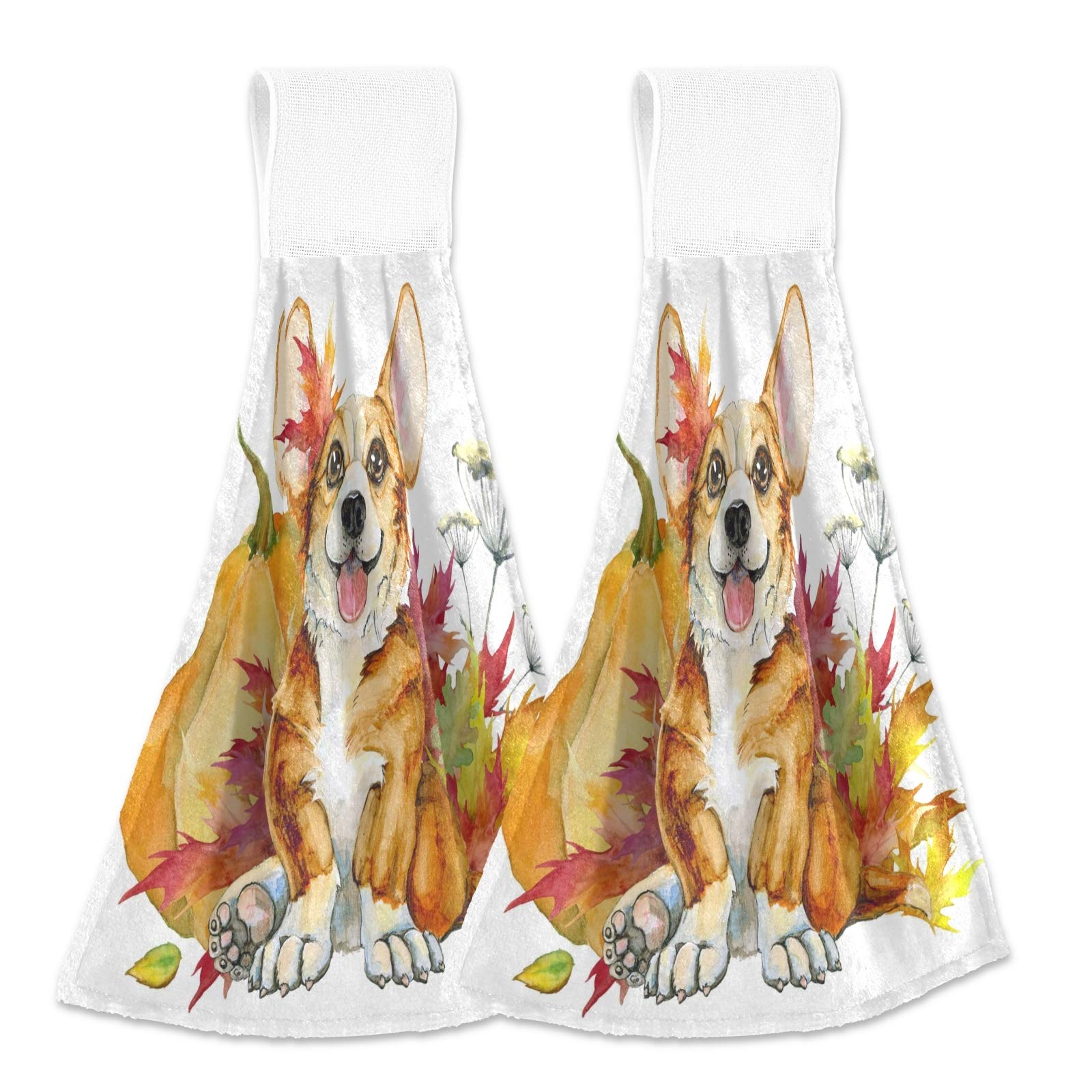 Alaza 2-Pack Corgi Puppy Kitchen Towels - Super Absorbent White Hanging & Hand Towels for Cooking, Baking, and Dish Drying