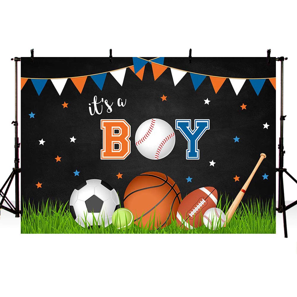 Sports Themed Baby Shower Backdrop - 7x5ft Blackboard Photo Background for It's A Boy Party Decor with Basketball, Baseball, Soccer, Football & Tennis Designs | Perfect for Cake Table Decorations, Photography Props & Gender Reveal Parties