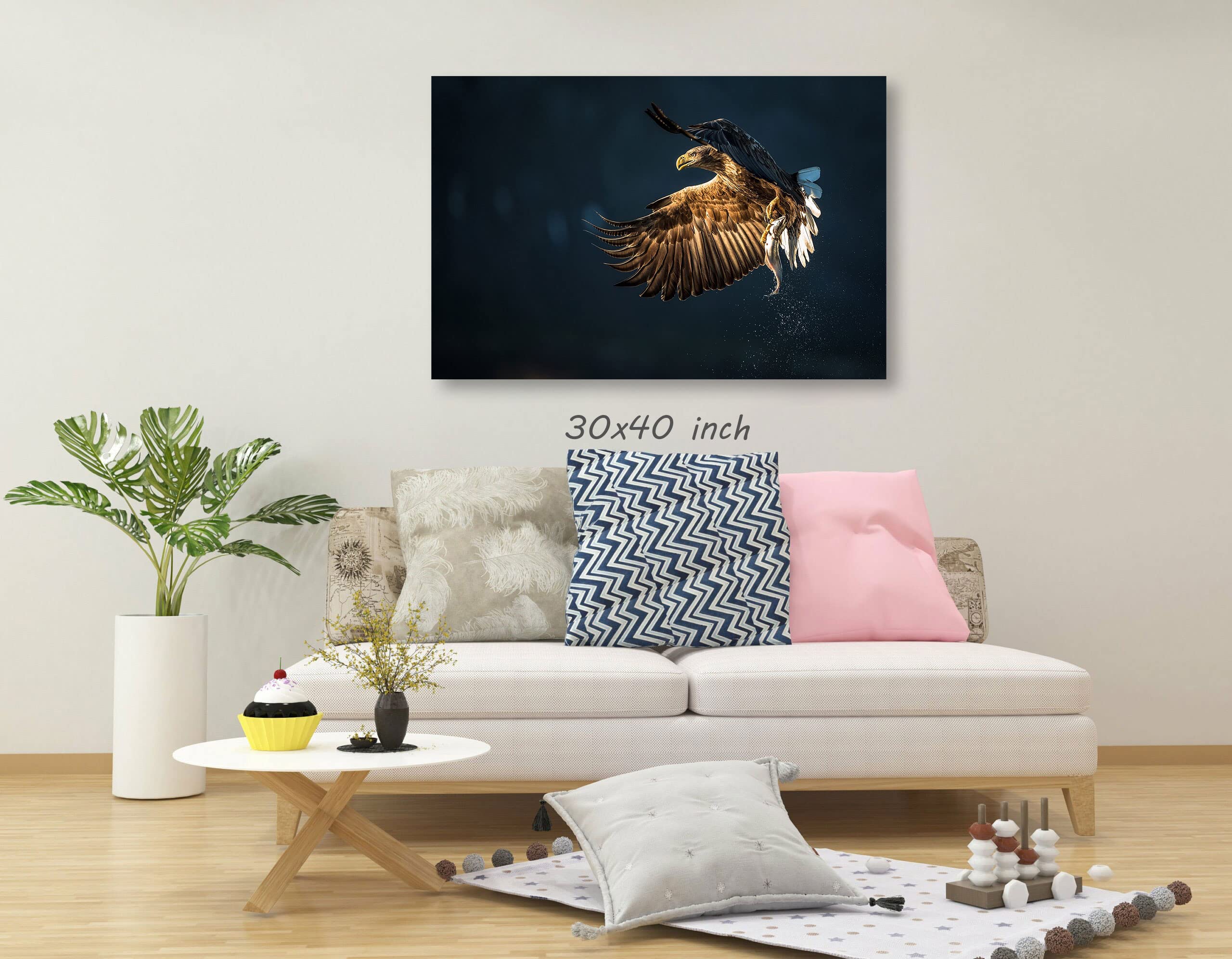 Eagle Bird Catching Fish Canvas Wall Art - Framed & Ready to Hang - 30x40 Inches - Nature Wildlife Home Decor for Living Room, Bedroom, Kitchen & Office