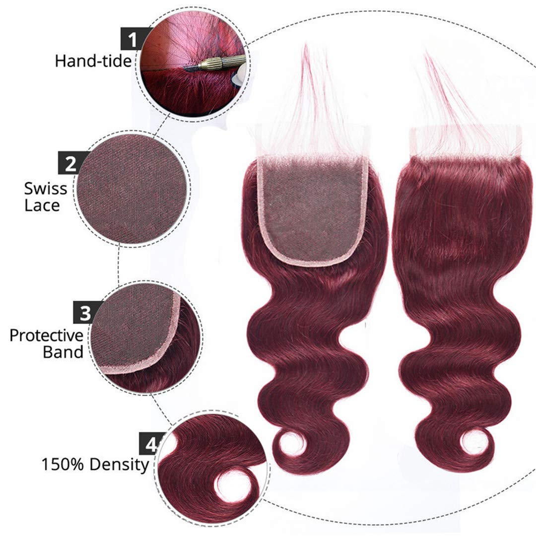 99J Wine Red Brazilian Virgin Human Hair Weaves - 4X4 Lace Closure & 3 Bundles (16 18 20 with 16C) | Mink Burgundy Body Wave Pre-Plucked Hairline with Baby Hair | Perfect for Protective Styles, Wig Making & Everyday Glam