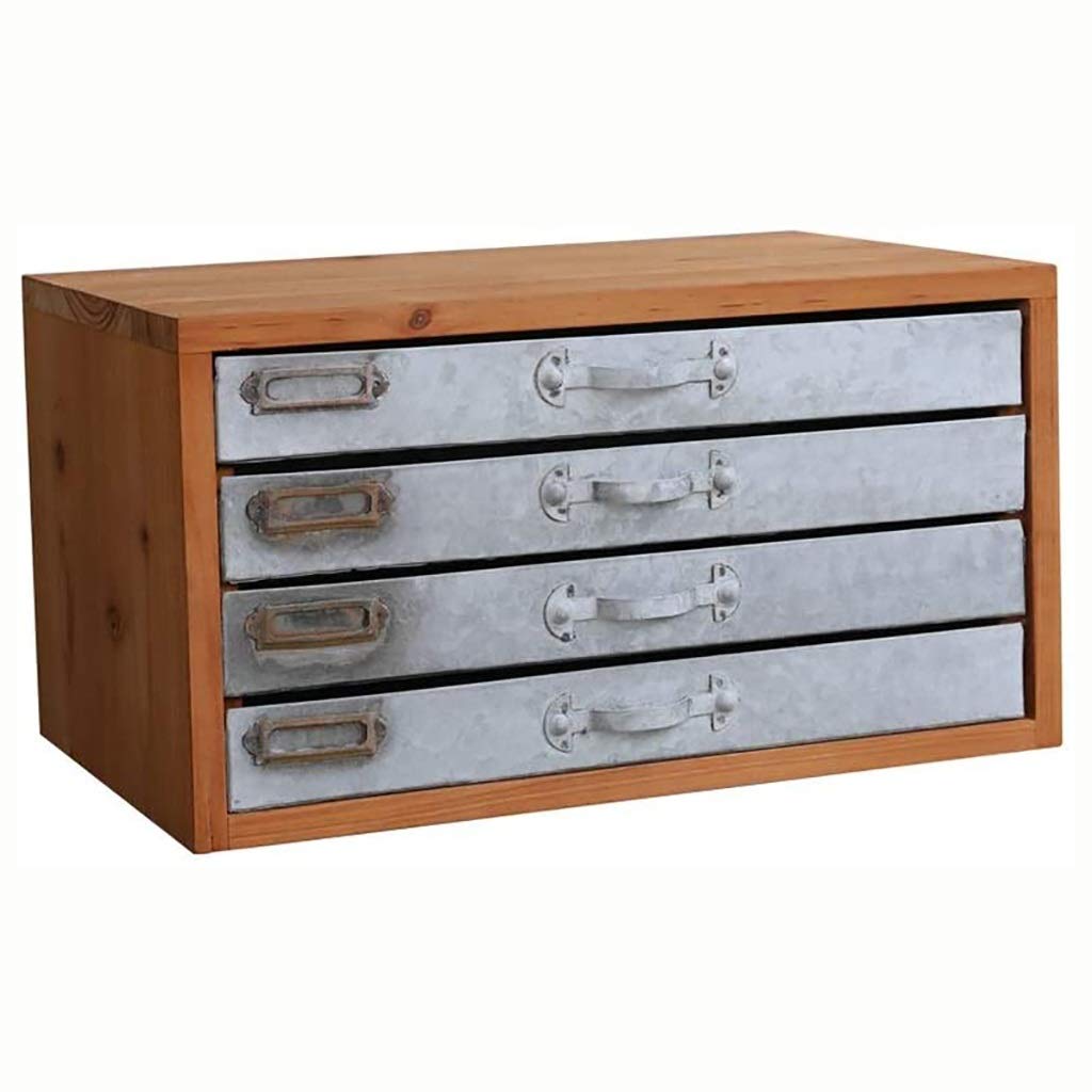 4-Tier A4 Wooden File Storage Cabinet with Vintage Iron Drawers - Office Document Organizer for Hotel, School, Finance - 40.8x25.4x22cm - Perfect for Desk Organization & Paper Filing Systems