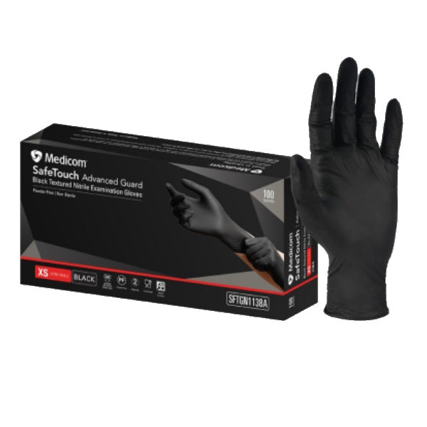 Medicom SafeTouch Nitrile Disposable Gloves - Black, Powder Free, Latex Free, 100 Count Box | Ideal for Medical, Food Service, Cleaning & Tattoo Use