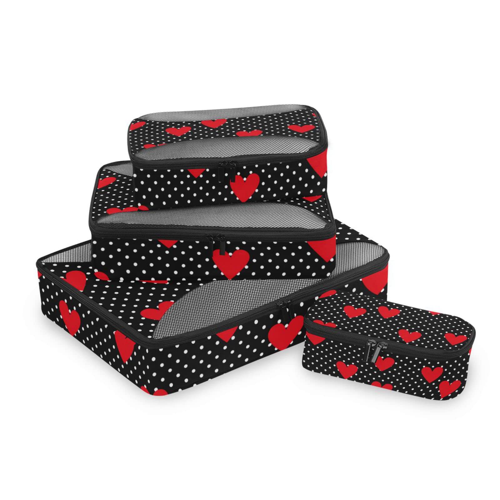 Susiyo Polka Dot Valentine Hearts 4-Piece Packing Cube Set - Luggage Organizers for Travel Accessories | Perfect for Suitcase Organization & Weekend Getaways