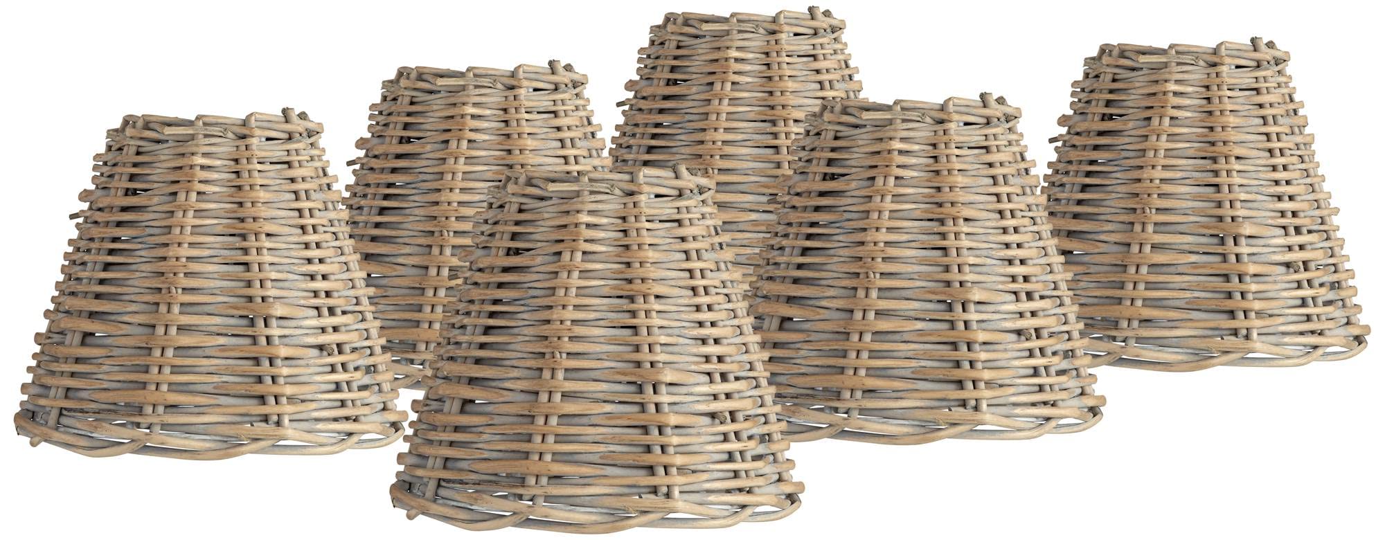Set of 6 Empire Chandelier Lamp Shades - Cottage Style Natural Wicker Weave Distressed Light Gray - 3