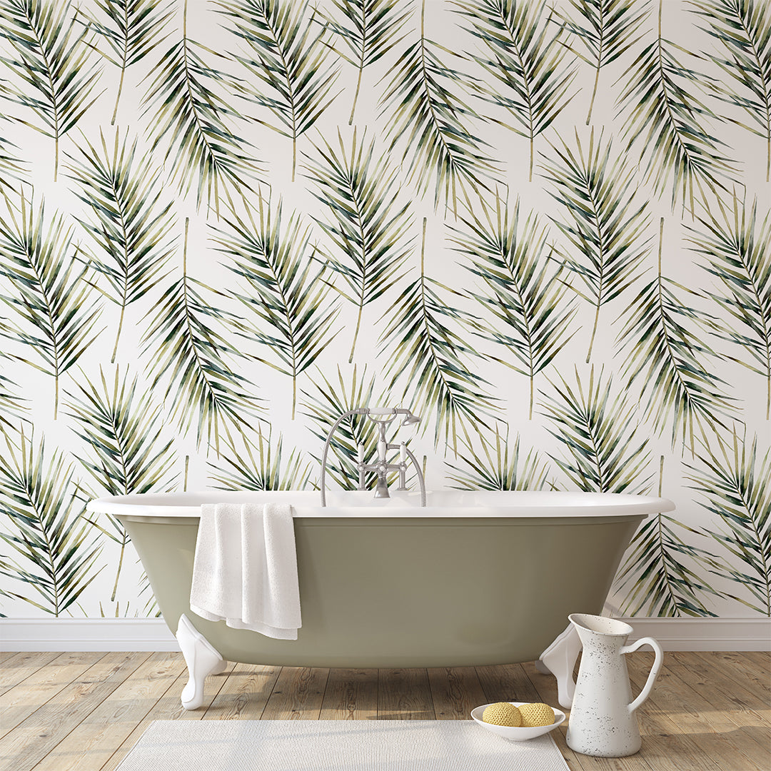 Tropical Palm Leaves Peel and Stick Wallpaper - Self-Adhesive Removable Wall Mural for Bedroom, Living Room, Bathroom Decor - Nature Inspired Botanical Design (CC030)