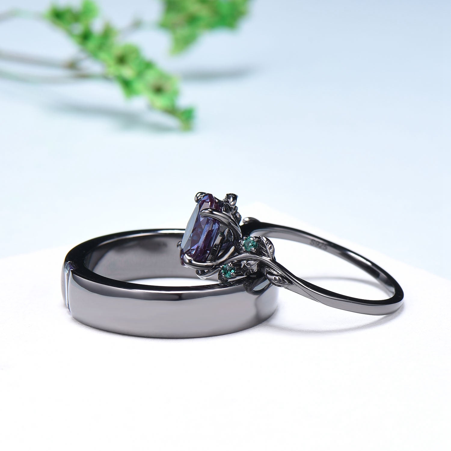 14K Black Gold Alexandrite Couples Ring Set - His & Hers Wedding Bands, Twig Design Engagement Rings for Men & Women - Nature Inspired Promise Gift for Anniversaries, Proposals & Romantic Occasions