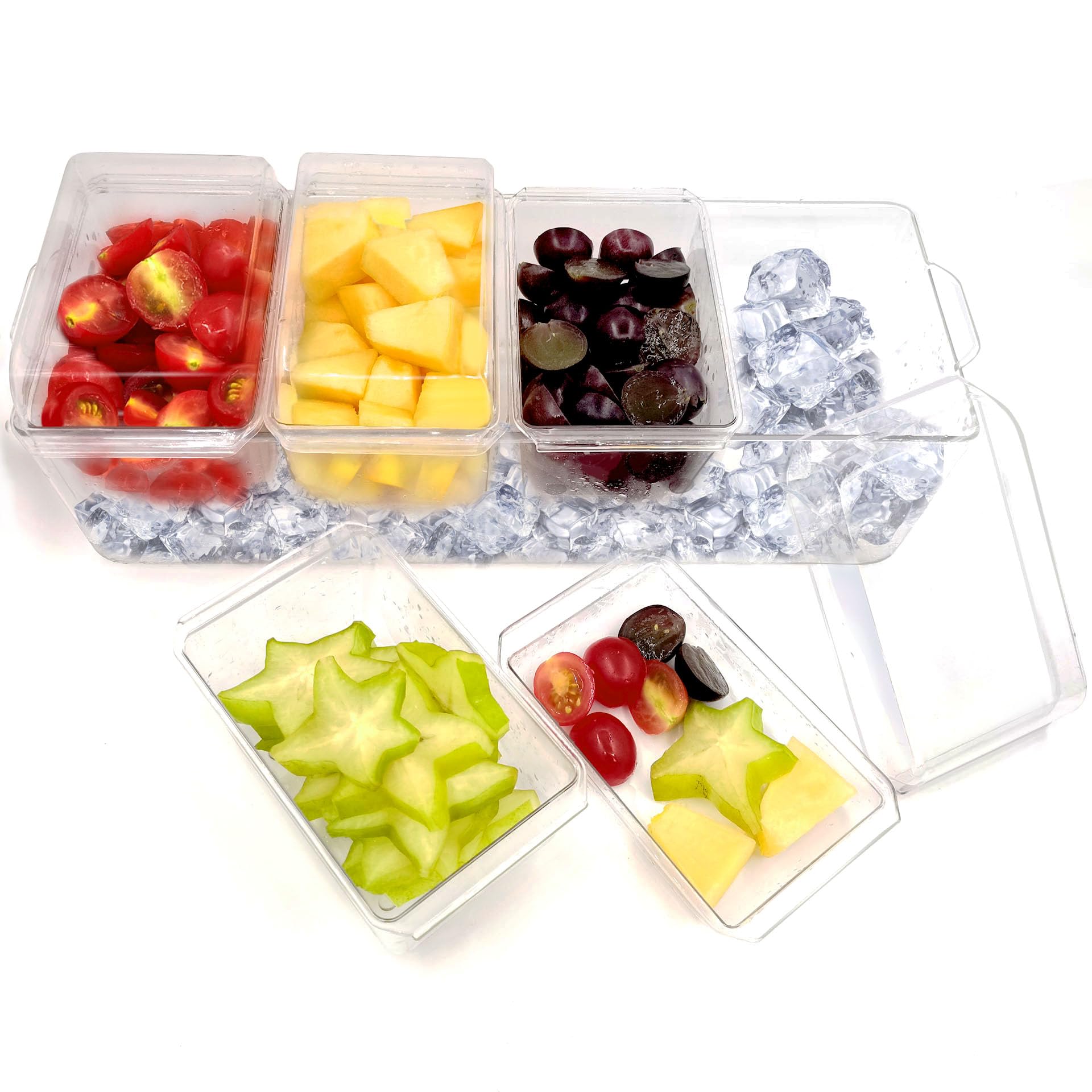 Ice Chilled Condiment Caddy with 4 Containers (2.8 Cup Capacity) - Airtight Lids, Party Serving Tray for Fruits, Salads, Nuts, Candy & Snacks - Perfect for Taco Bars, BBQs, Picnics & Outdoor Gatherings
