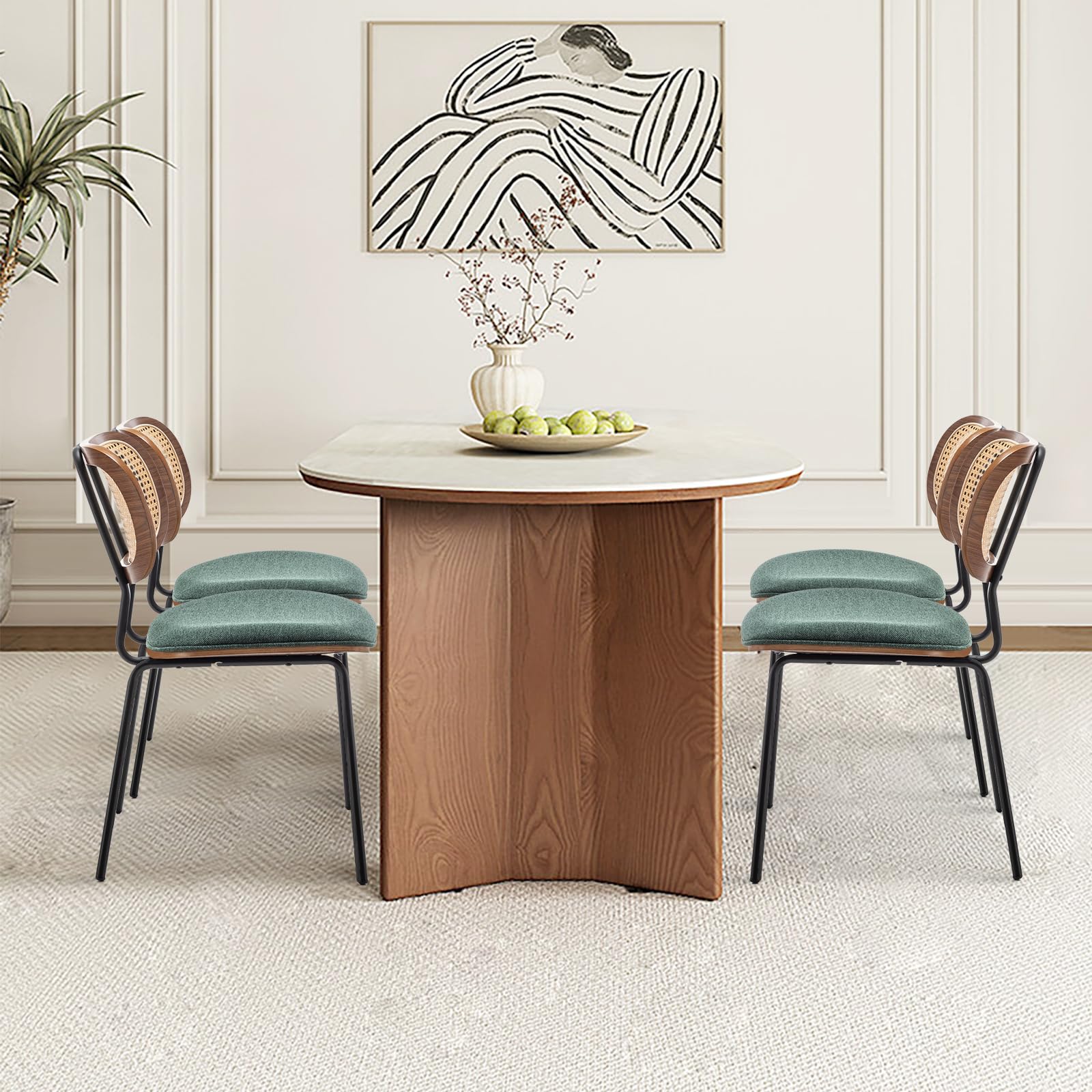 Mid Century Modern Rattan Dining Chairs Set of 2 - Cane Back Kitchen & Dining Room Chairs with Black Metal Legs in Green | Perfect for Boho Home Decor, Farmhouse Dining, and Indoor/Outdoor Entertaining