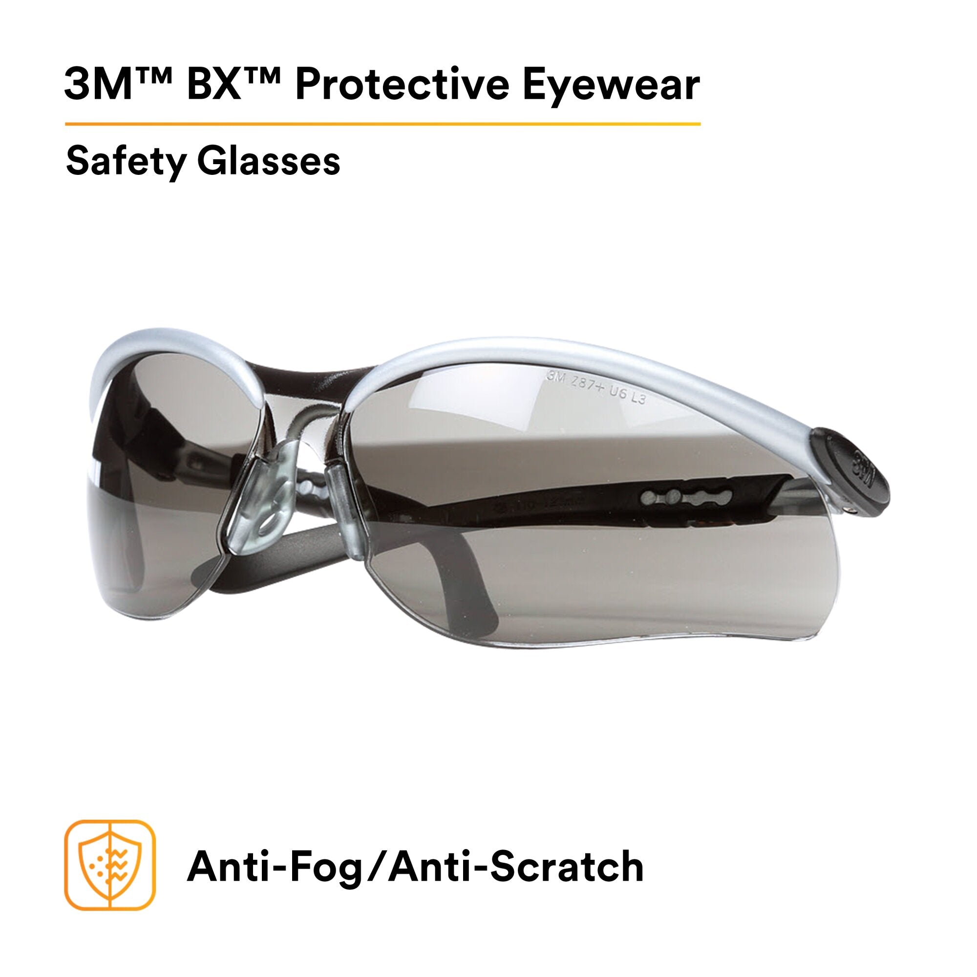 3M BX Protective Eyewear 11381 00000 20 - Grey Anti-Fog Safety Glasses with Silver/Black Frame - Ideal for Construction, Lab Work & Industrial Safety Use