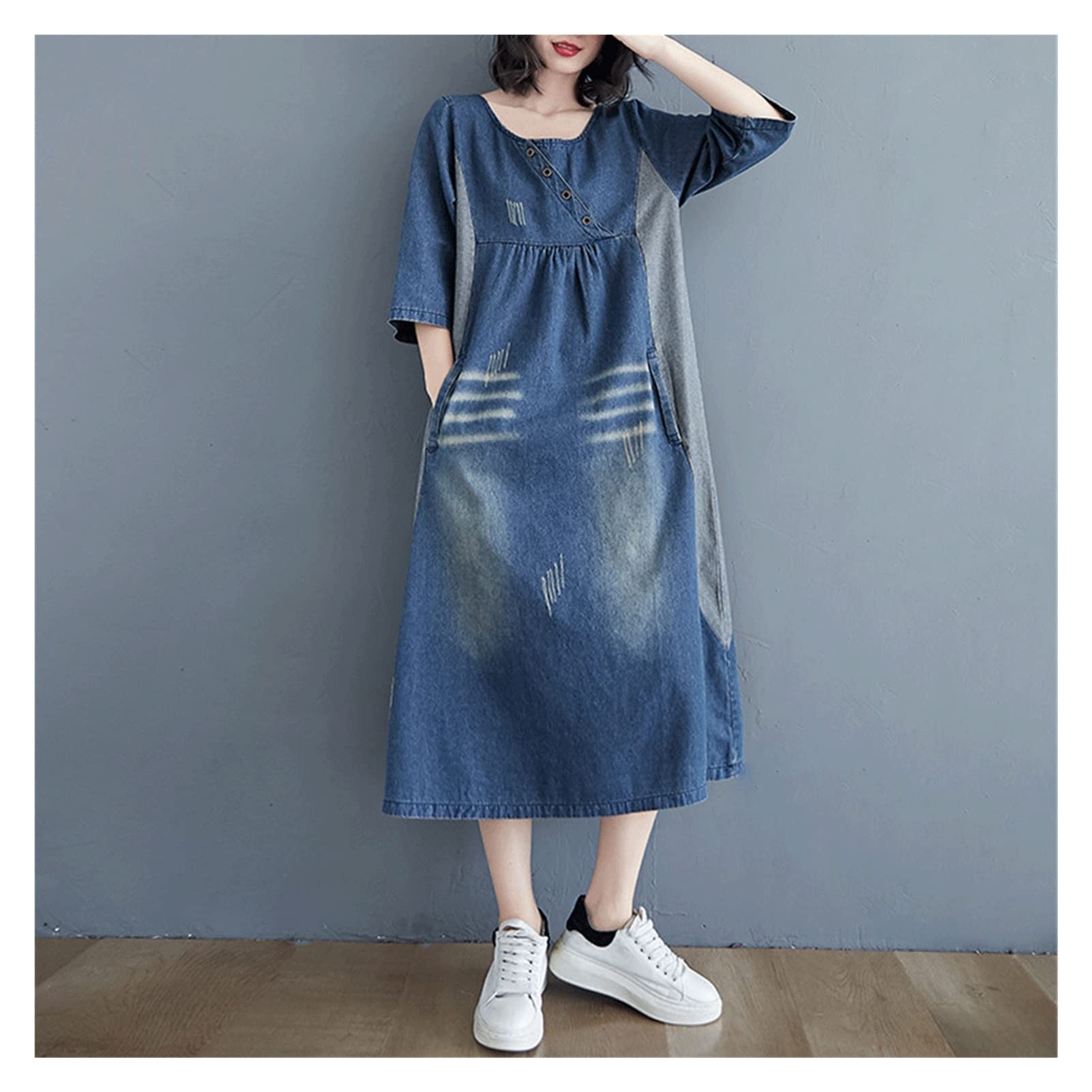 Women's Spring Casual Loose Fit Retro Oversized Denim Dress - Blue XL | Comfortable Stretch Denim Shirt Dress for Everyday Wear, Weekend Outings & Boho Style Fashion