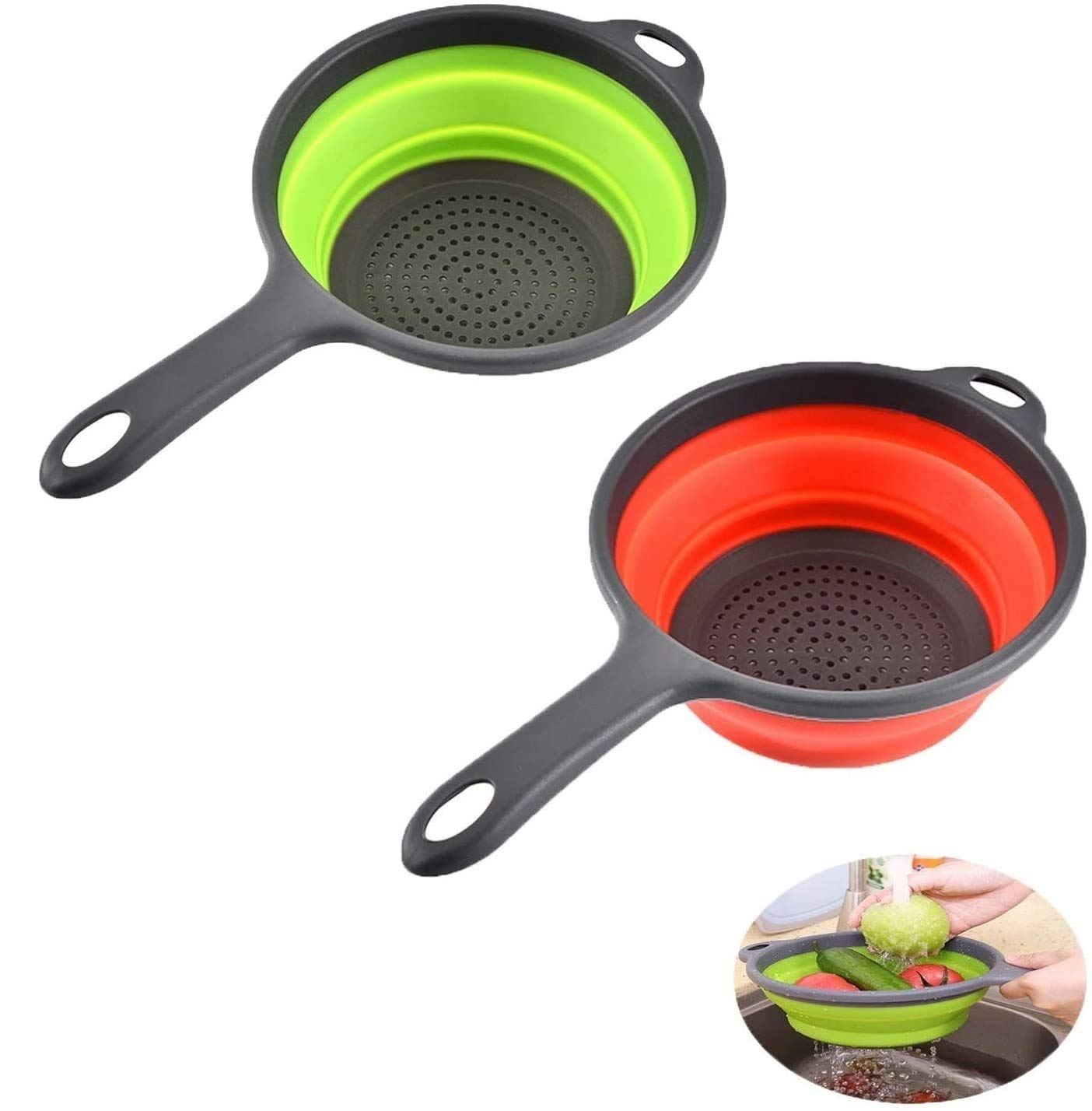 2 Pack Foldable Silicone Colanders with Handles - Space Saving Collapsible Strainer for Pasta, Vegetables, Fruits | Dishwasher Safe Kitchen Strainer for Small Spaces, Camping & RV Cooking (Green & Red)