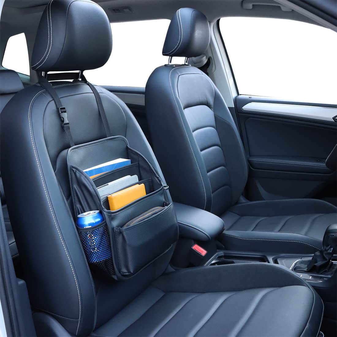 Premium Leather Front Seat Organizer with Adjustable Strap - Large Car Storage Bag with Multiple Compartments, Mesh Pockets & Cup Holders for Passenger Seat (Black) | Perfect for Road Trips, Commuting & Family Travel